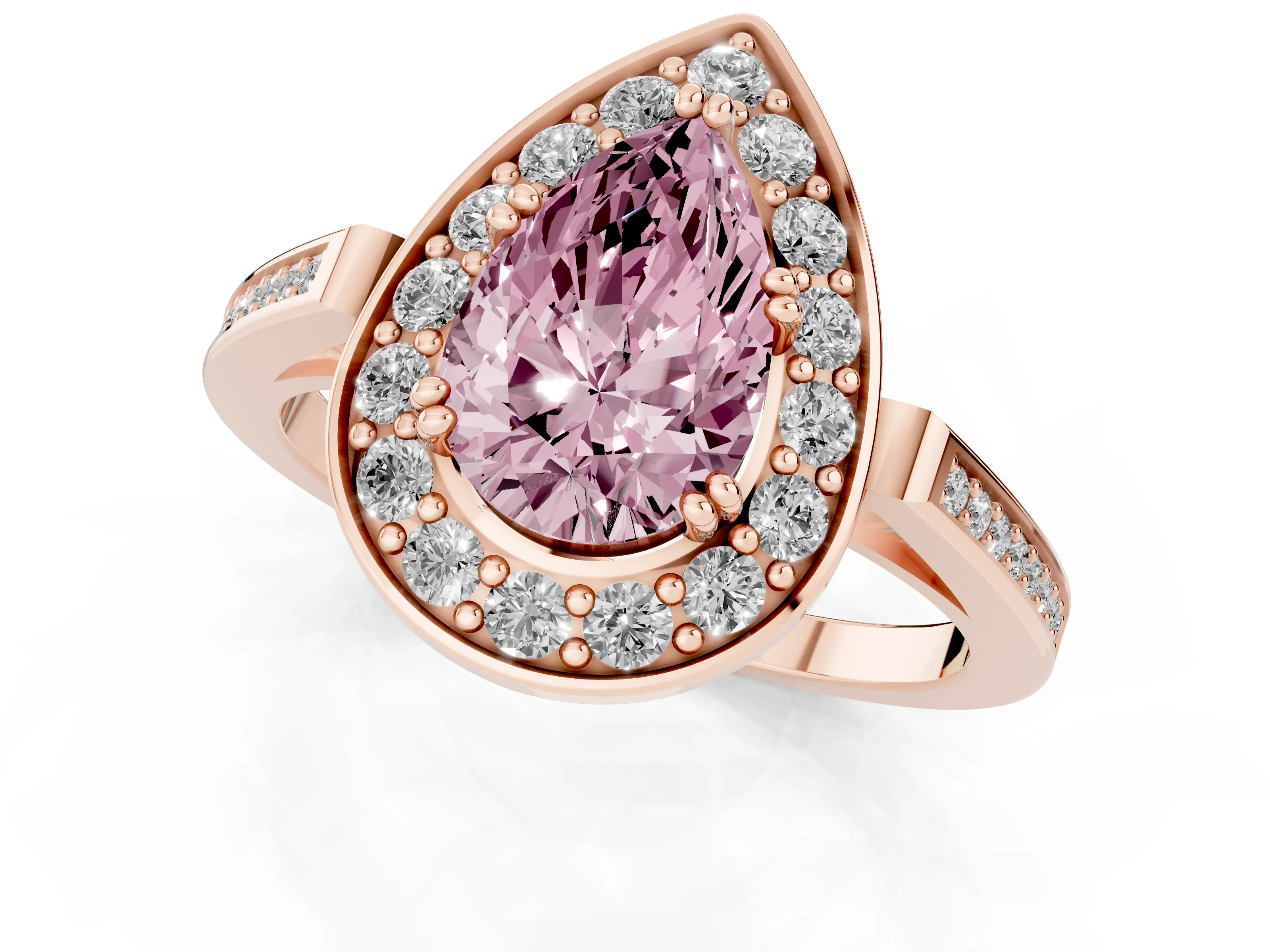 Fancy Pink Pear Cut Diamond Halo Ring Set in Rose gold with Accent-Lined Split Shank and Prong Setting
