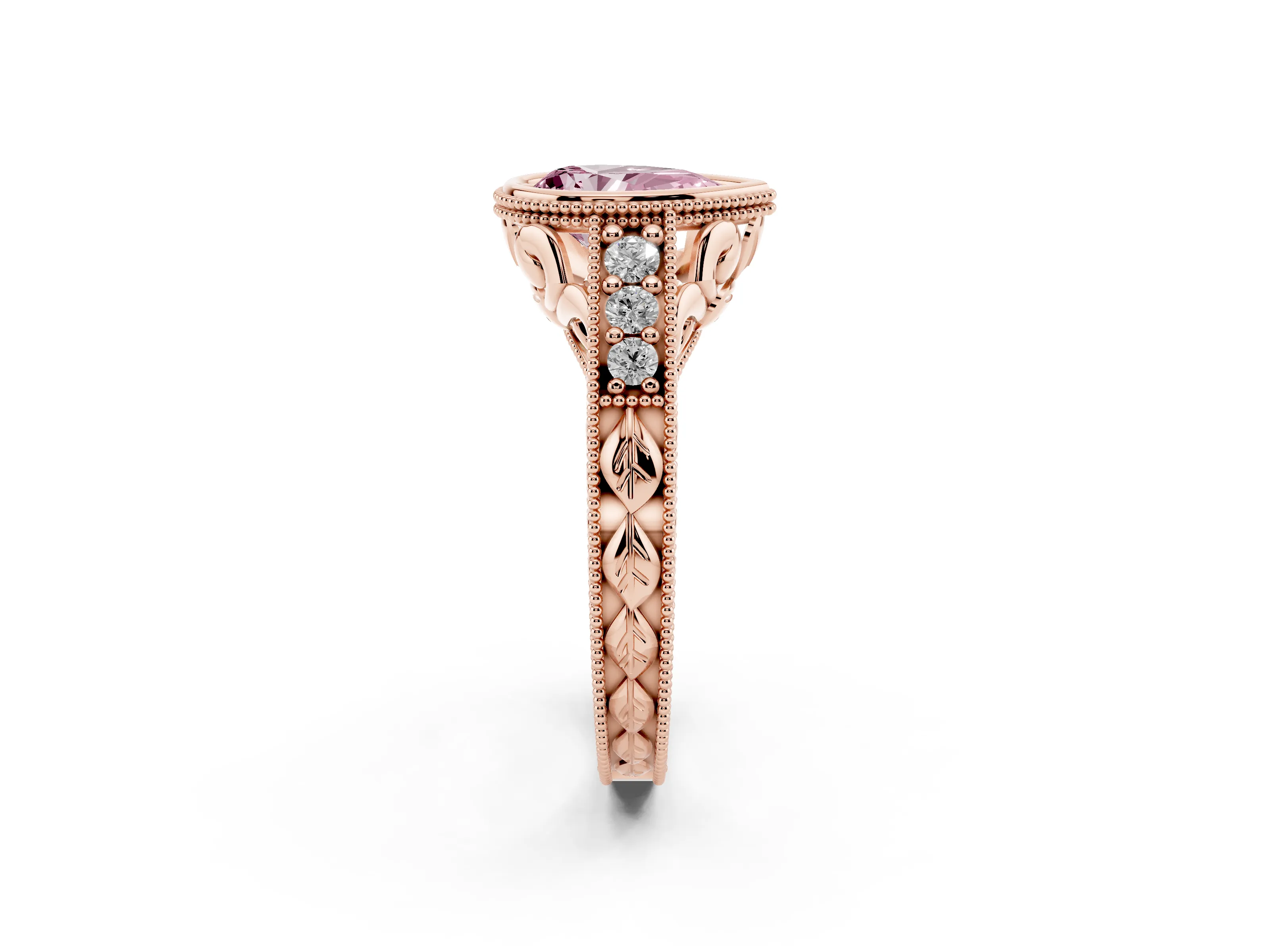 Fancy Pink Bezel Set Pear Cut Diamond Milgrain Pavé Engagement Ring Set in Rose gold