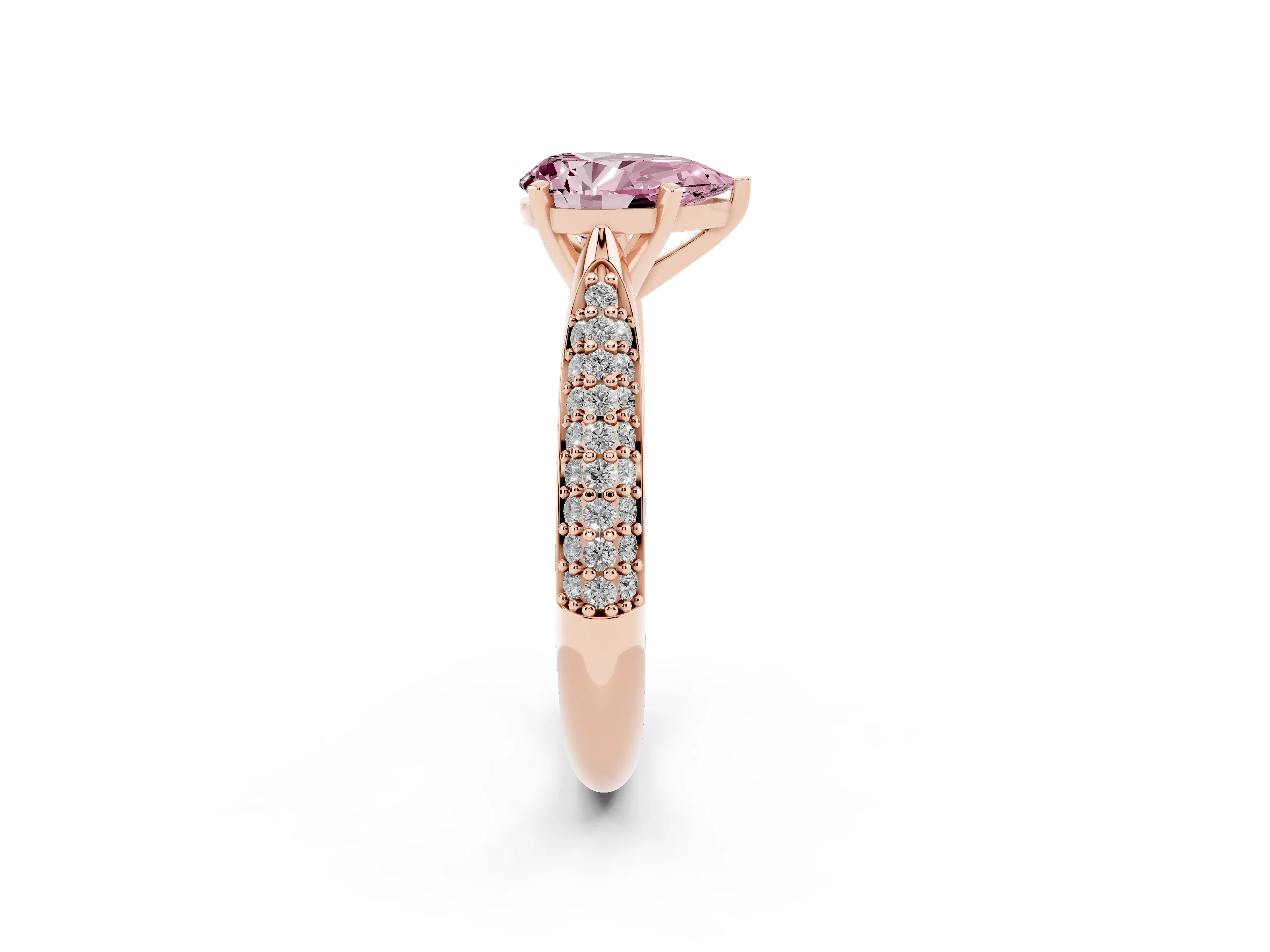 Fancy Pink Pear Cut Diamond Solitaire Engagement Ring Set in Rose gold with Multi-Row Round Pavé Band and Prong Setting