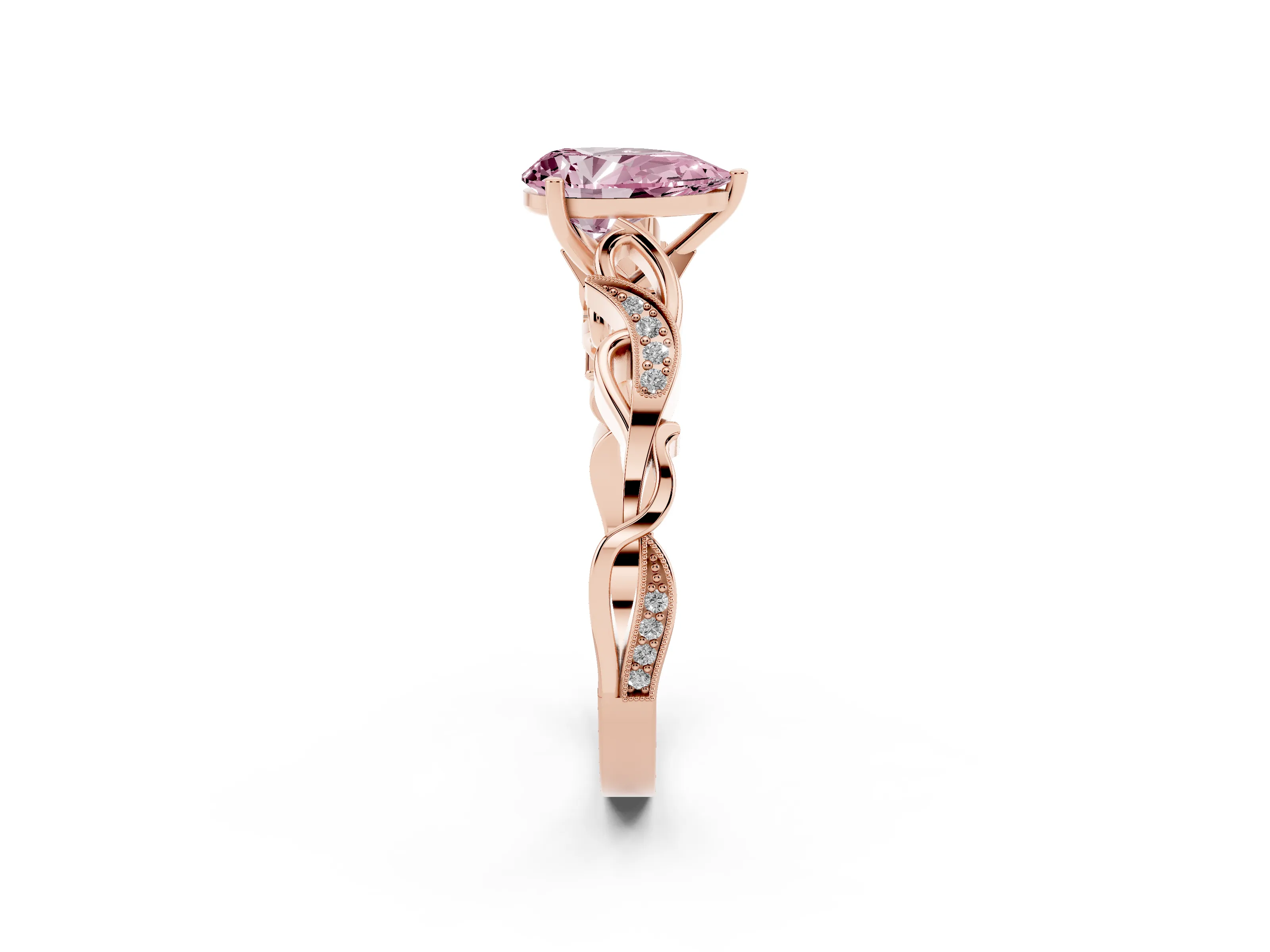 Fancy Pink Pear Cut Diamond Vine Band Solitaire Ring Set in Rose gold with Milgrain Prong Setting