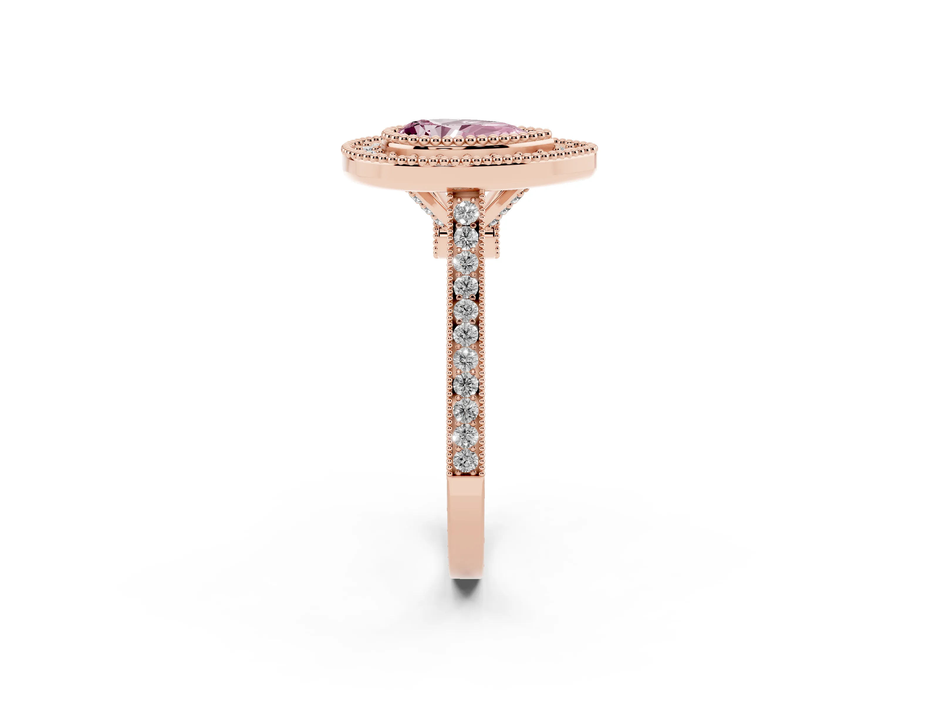 Fancy Pink Pear Cut Diamond Halo Ring Set in Rose gold with Milgrain Frame and Pavé Band