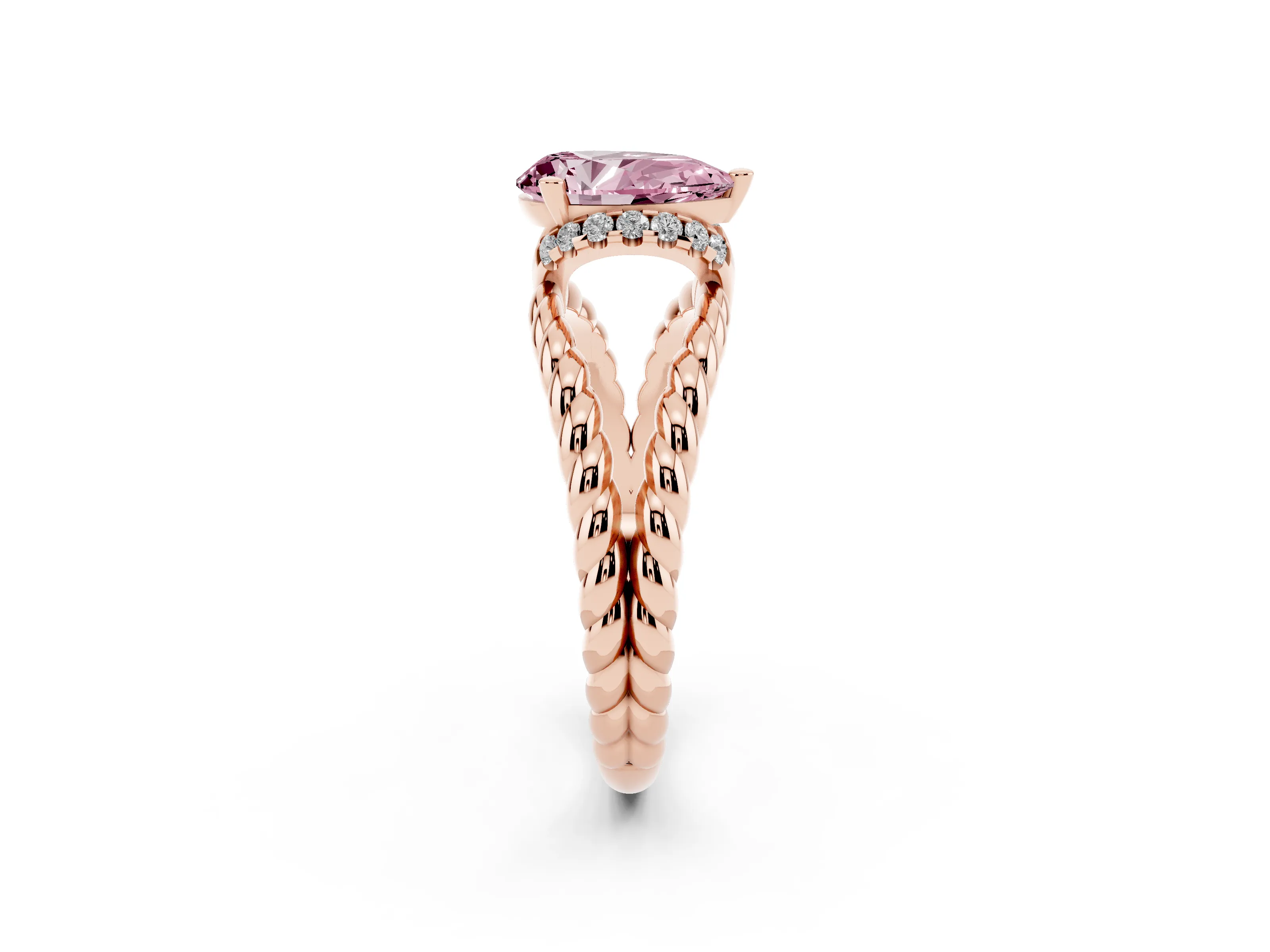 Fancy Pink Pear Cut Diamond Halo Ring Set in Rose gold with Twisted Band and Prong Setting