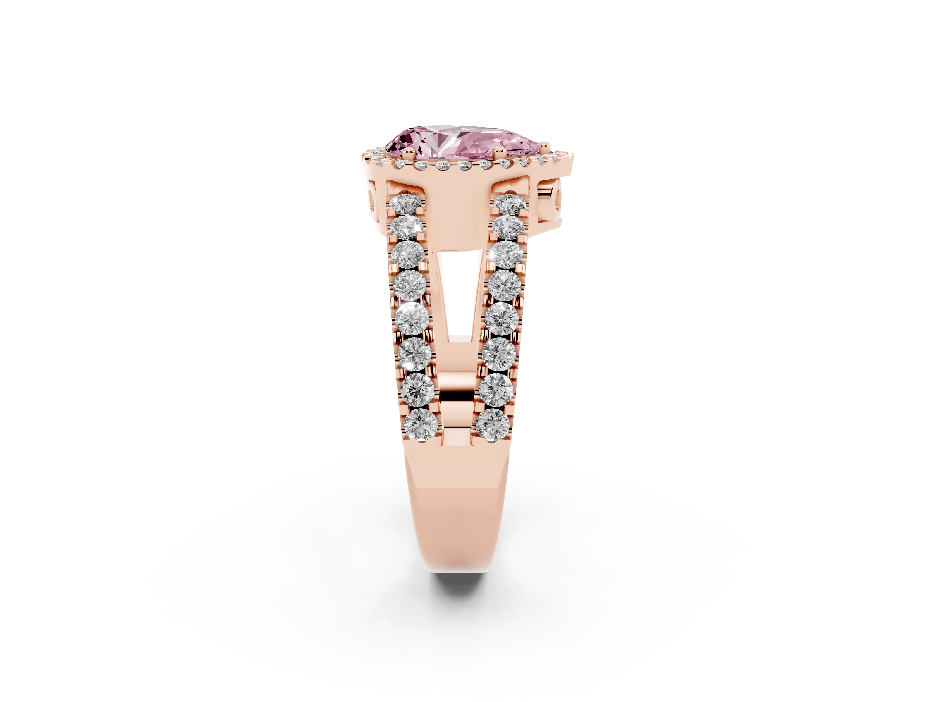 Fancy Pink Pear Cut Diamond Halo Ring Set in Rose gold with Pavé Split Shank and Prong Setting
