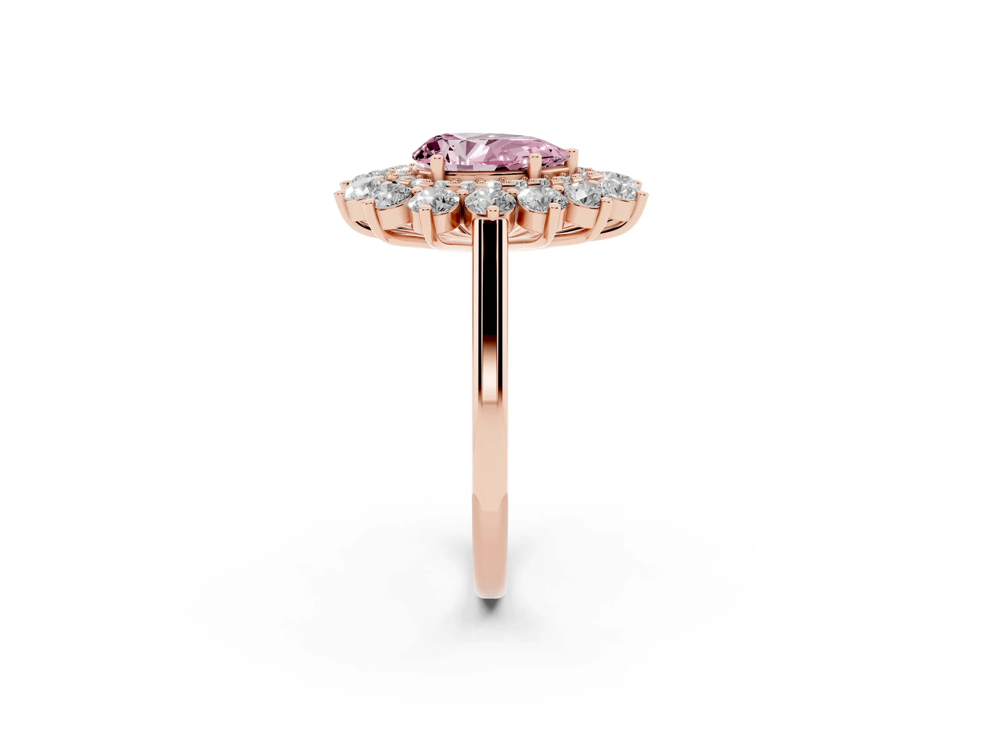 Fancy Pink Pear Cut Diamond Floral Double Halo Ring Set in Rose gold with Round Petals
