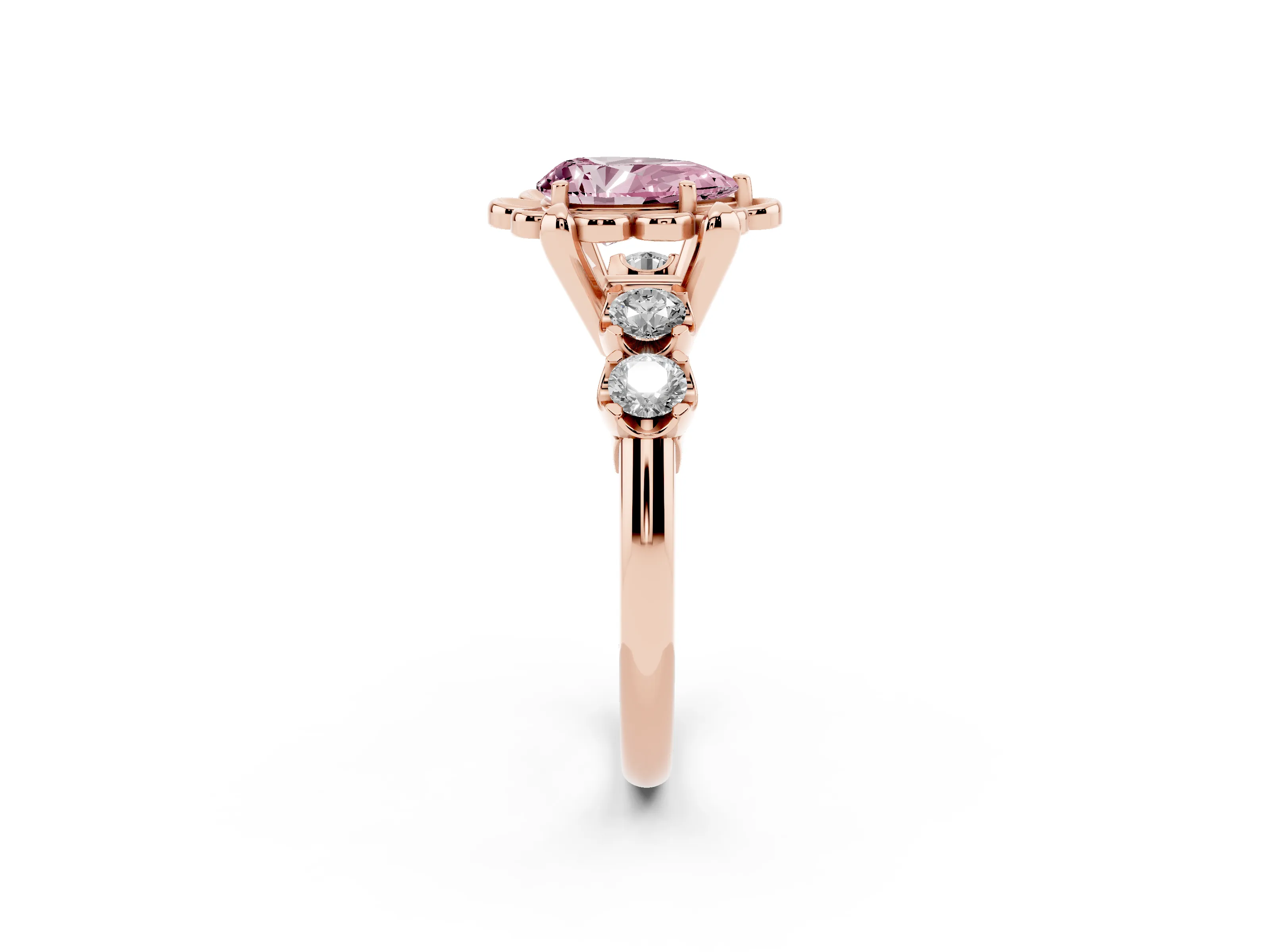 Fancy Pink Pear Cut Diamond Floral Halo Ring Set in Rose gold with Shared Prong Band