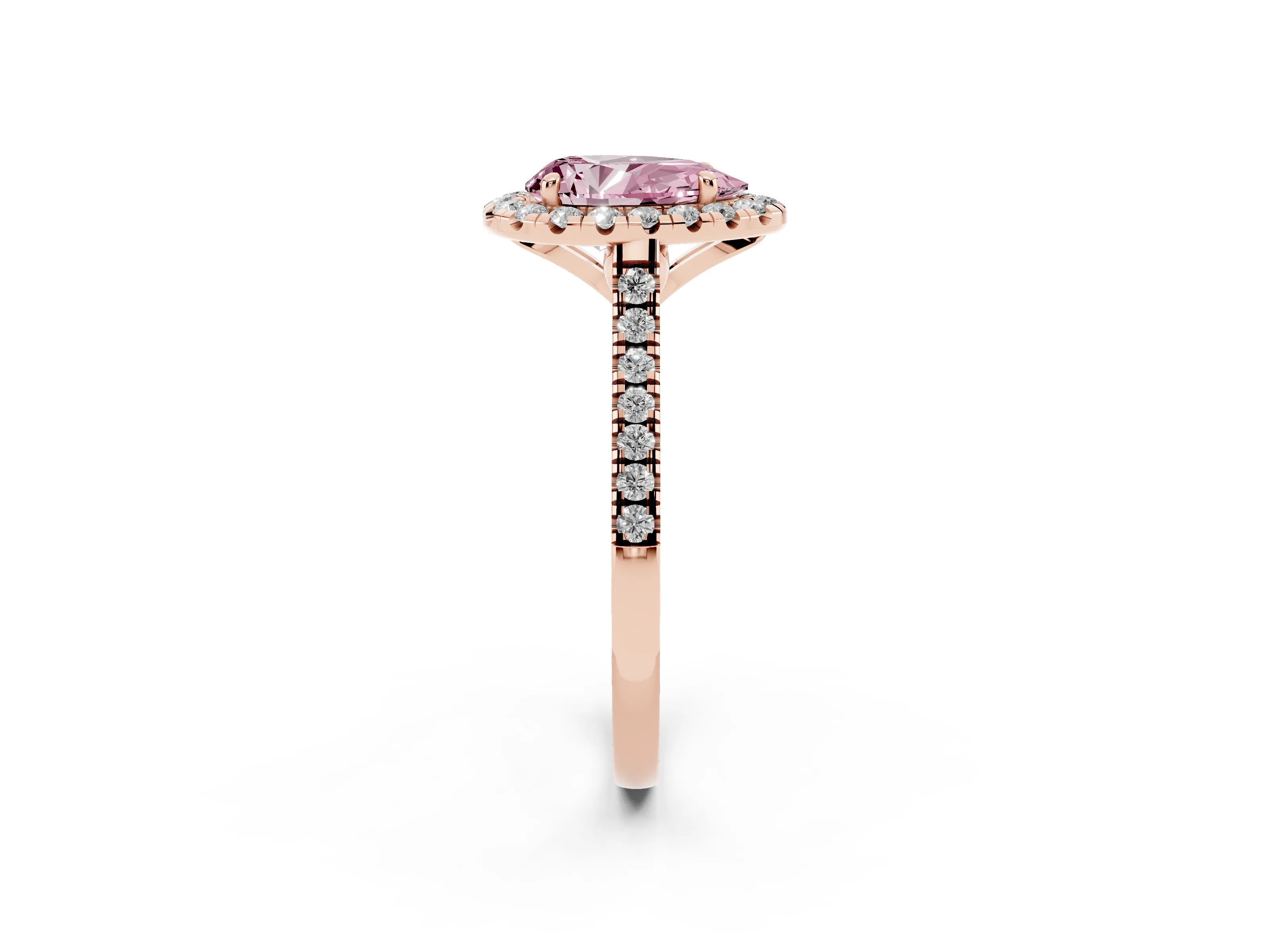 Fancy Pink Pear Cut Diamond Cushion Halo Ring Set in Rose gold with Pavé Band