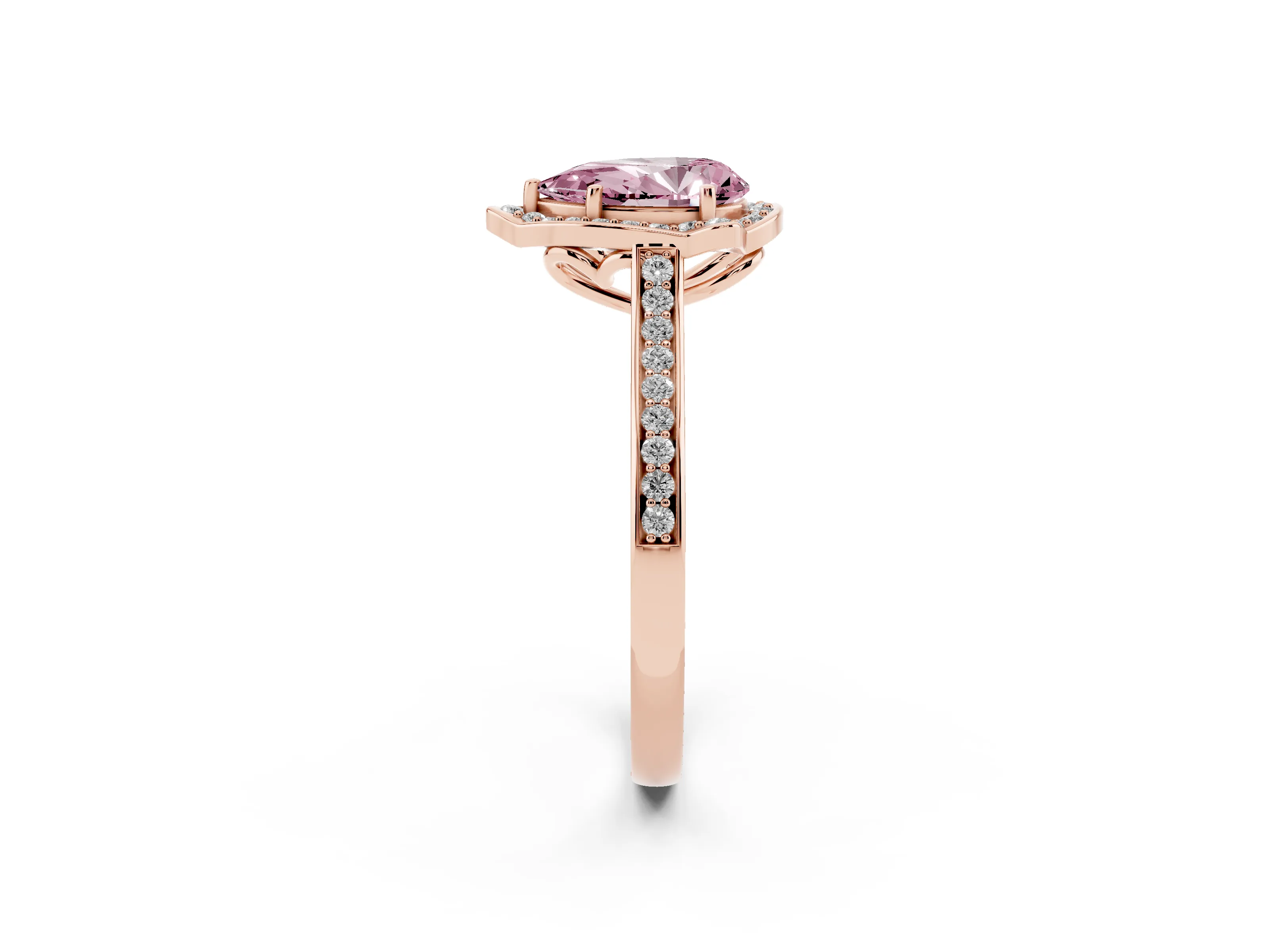 Fancy Pink Pear Cut Diamond Halo Ring Set in Rose gold with Pavé-Lined Shoulders and Prong Setting