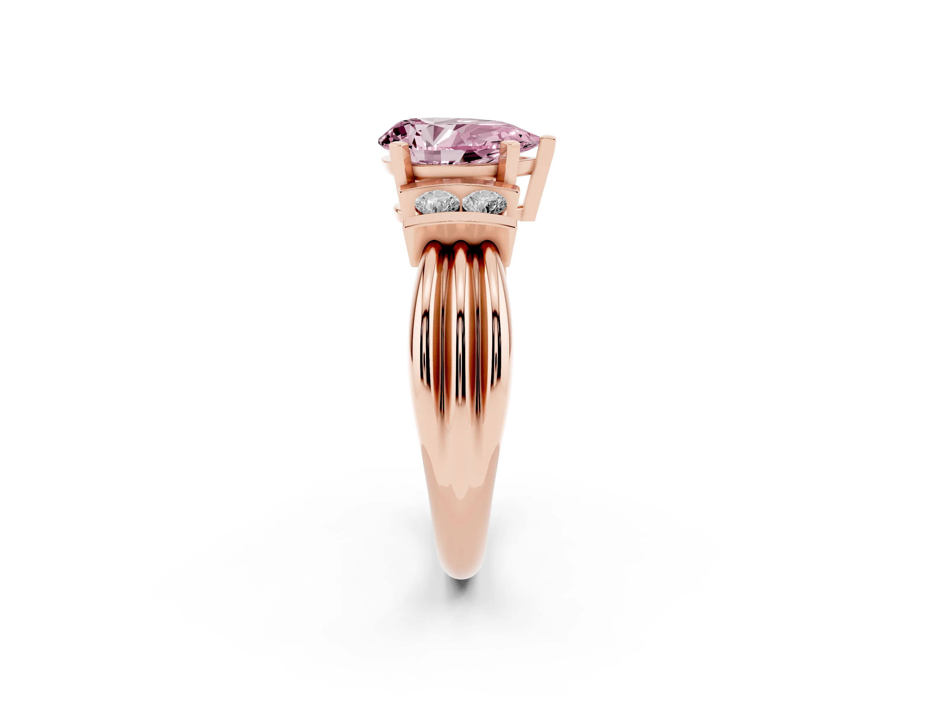 Fancy Pink Three-Stone Pear Cut Diamond Channel Set Ring Set in Rose gold with Bar Prongs