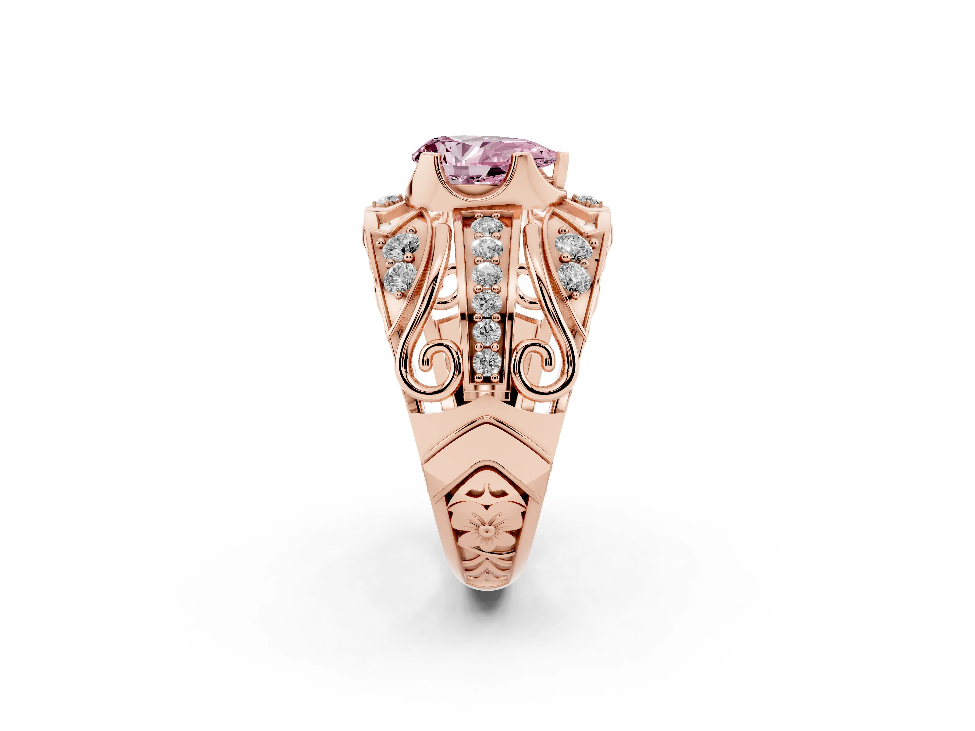 Fancy Pink Pear Cut Diamond Art Deco Ring Set in Rose gold with Pavé Split Shank