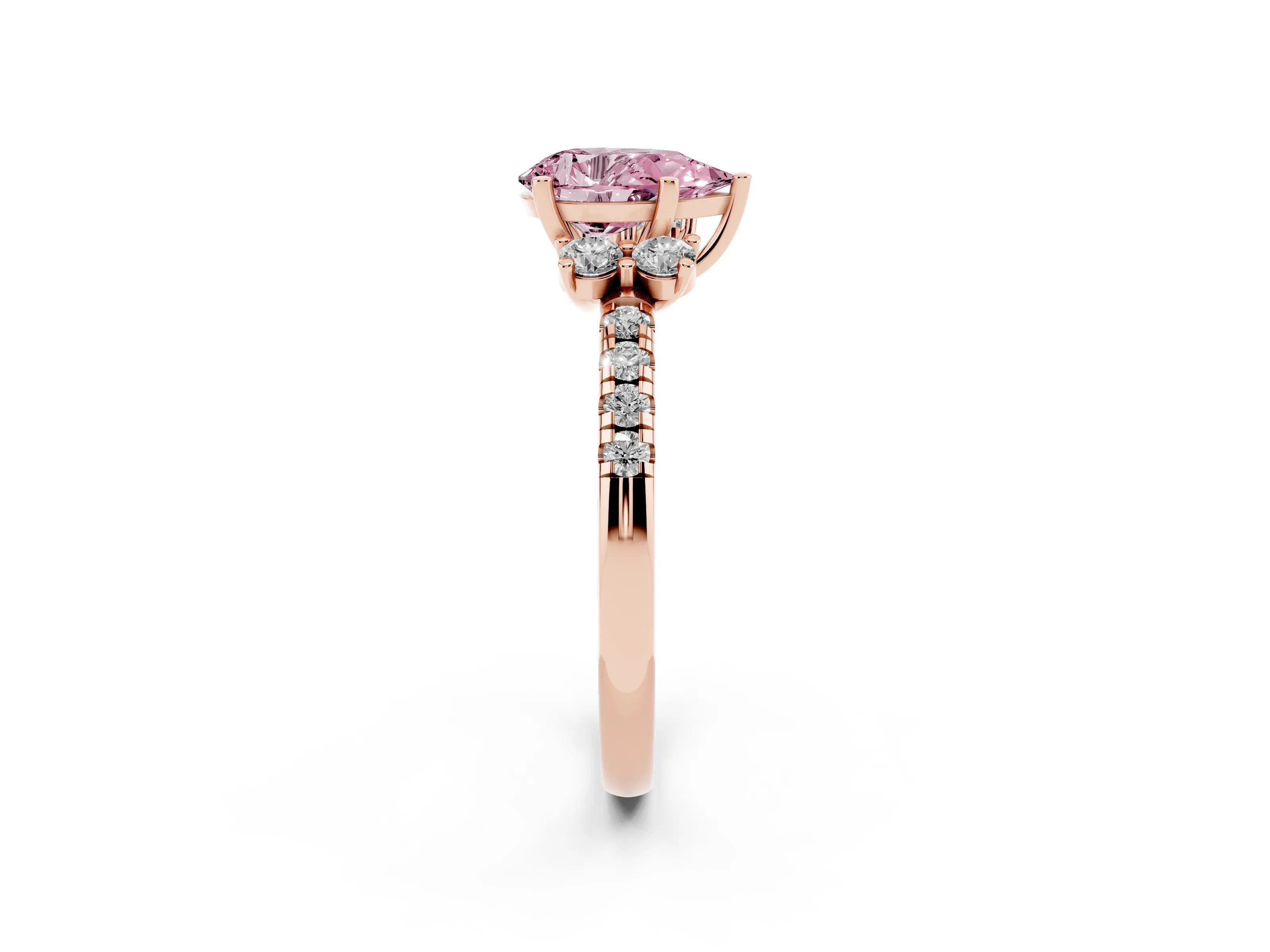 Fancy Pink Pear Cut Diamond Three-Stone Pavé Ring Set in Rose gold with Prong Setting