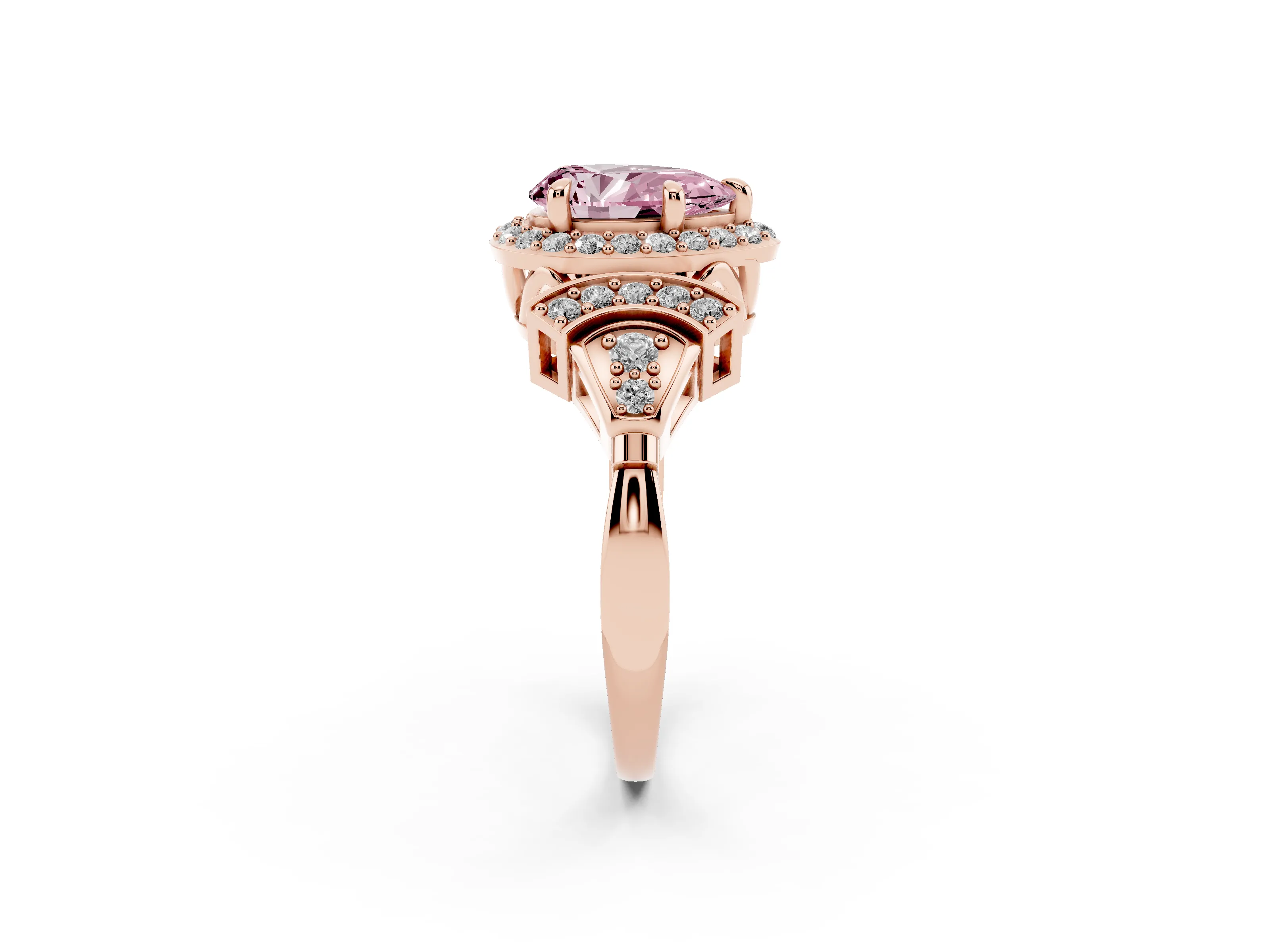 Fancy Pink Pear Cut Diamond Halo Engagement Ring Set in Rose gold with Accent Stone Split Shank