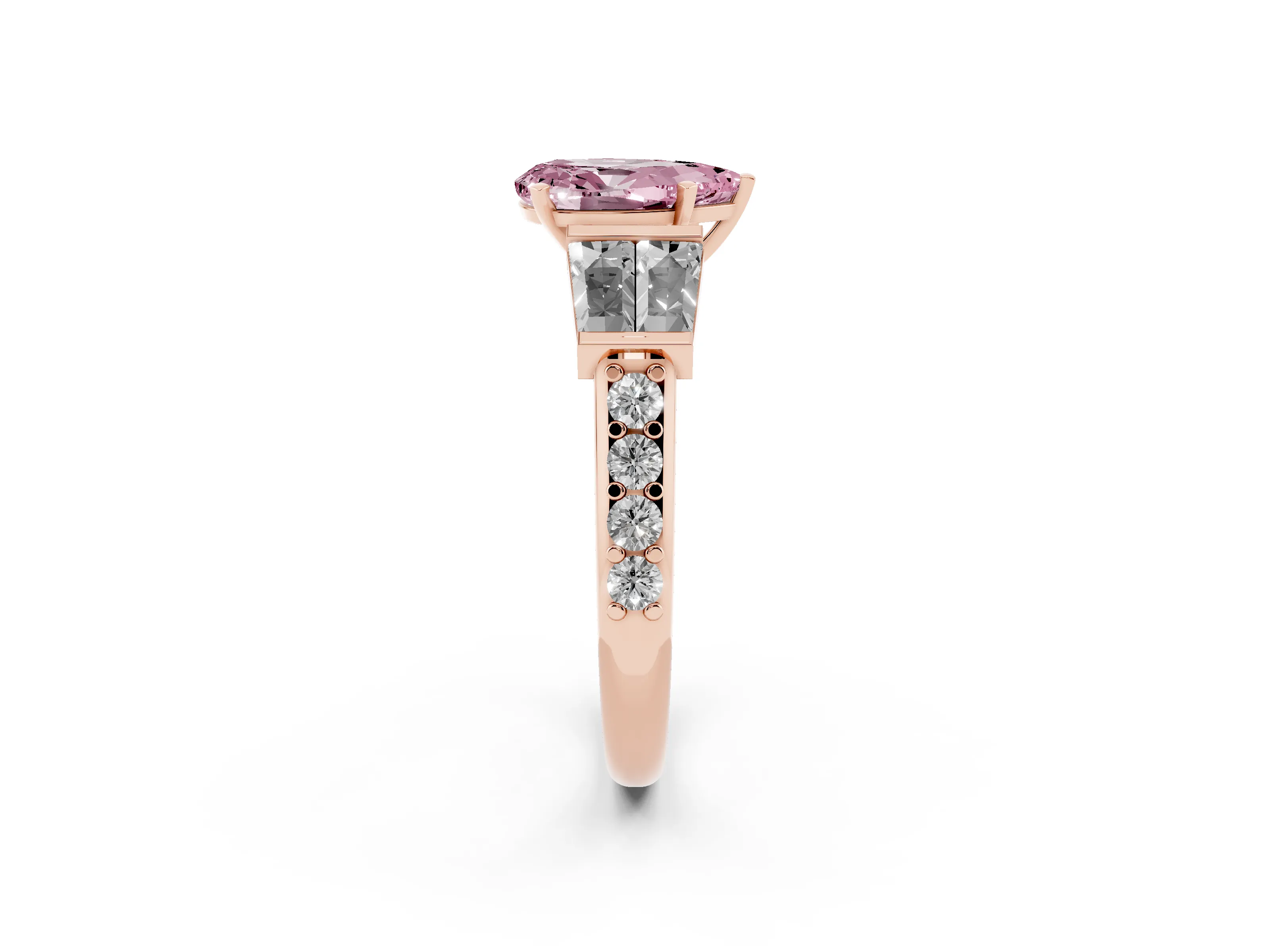 Fancy Pink Pear Cut Diamond Engagement Ring Set in Rose gold with Baguette Side Stones and Channel Set Band