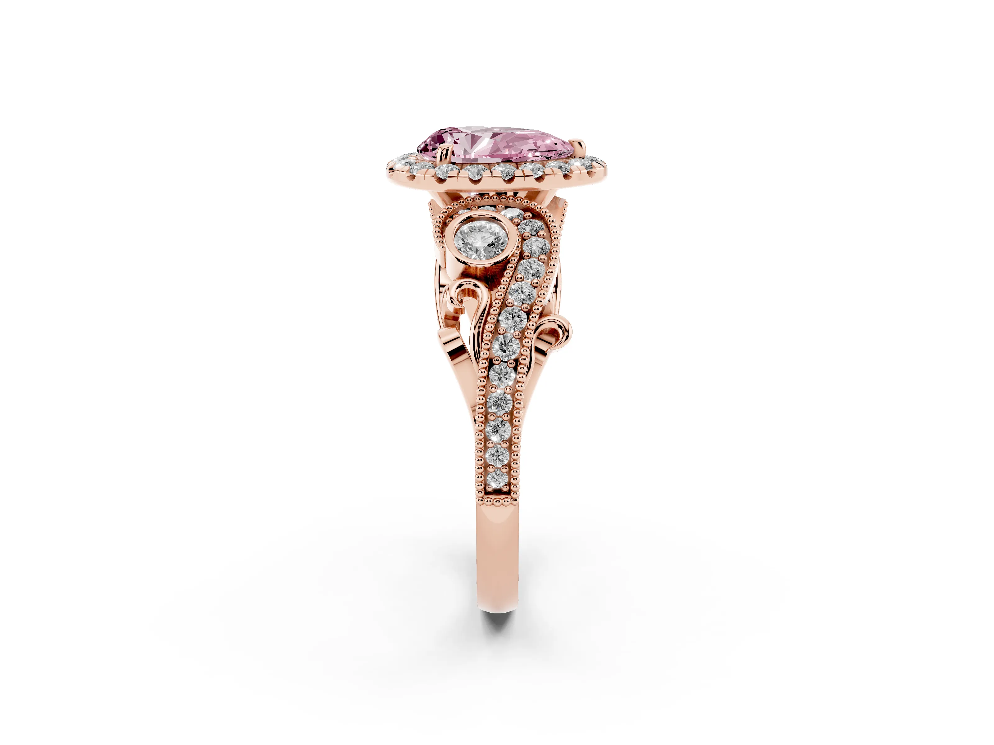 Fancy Pink Pear Cut Diamond Halo Ring Set in Rose gold with Milgrain Pavé Band and Prong Setting