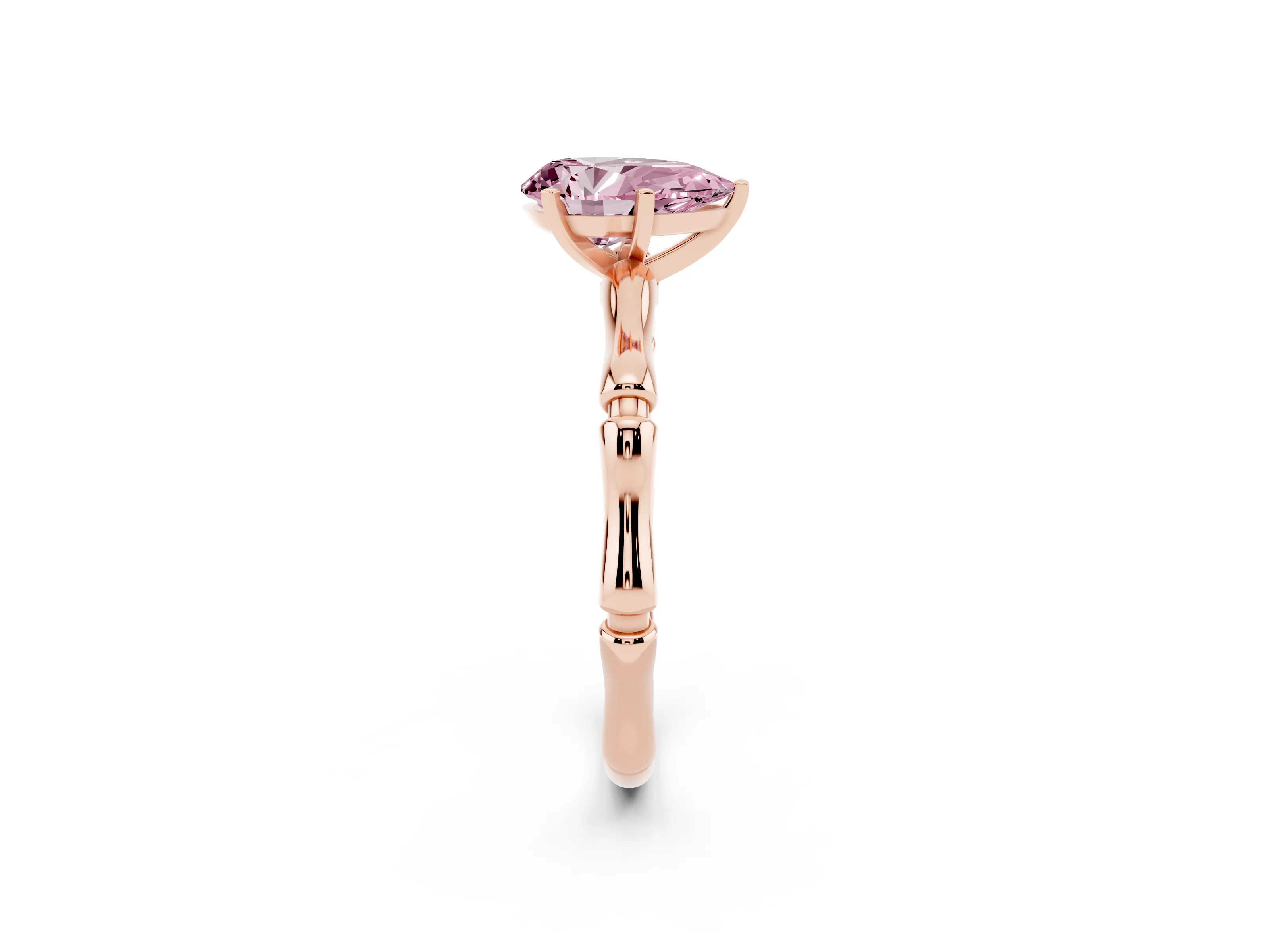 Fancy Pink Pear Cut Diamond Solitaire Ring Set in Rose gold with Bamboo Band and Prong Setting