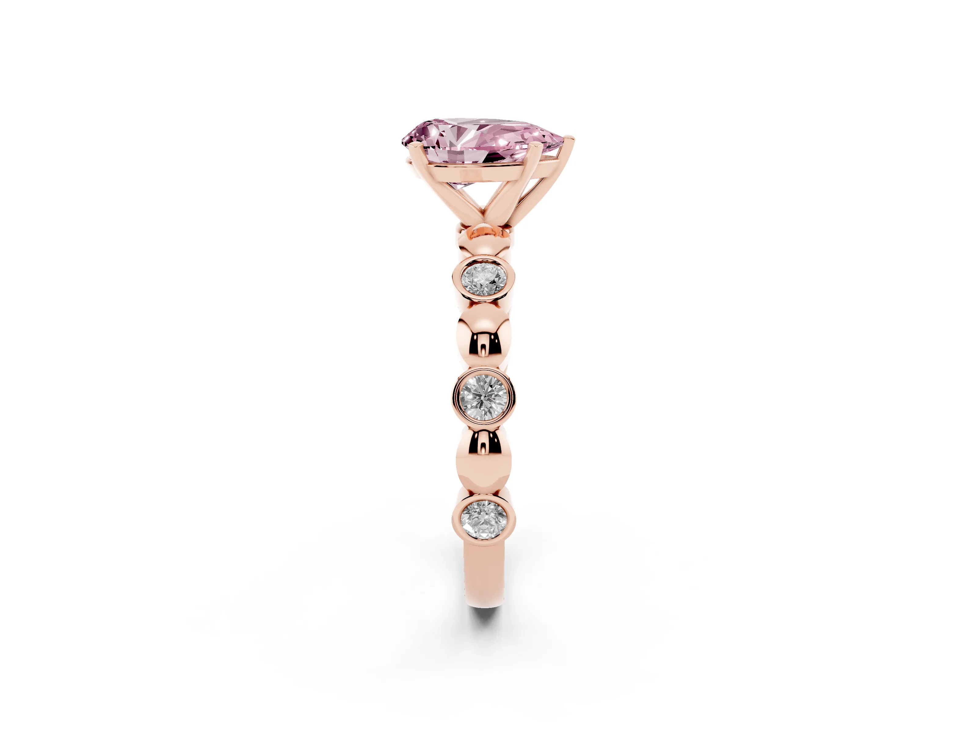 Fancy Pink Pear Cut Diamond Solitaire Ring Set in Rose gold with Bezel-Set Accents on Beaded Band and Prong Setting