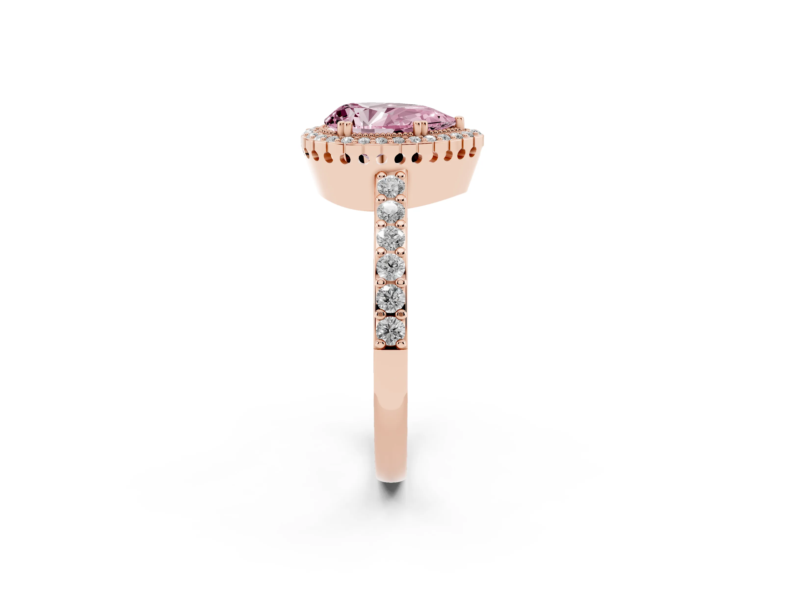 Fancy Pink Pear Cut Diamond Halo Engagement Ring Set in Rose gold with Milgrain Detail and Pavé Band