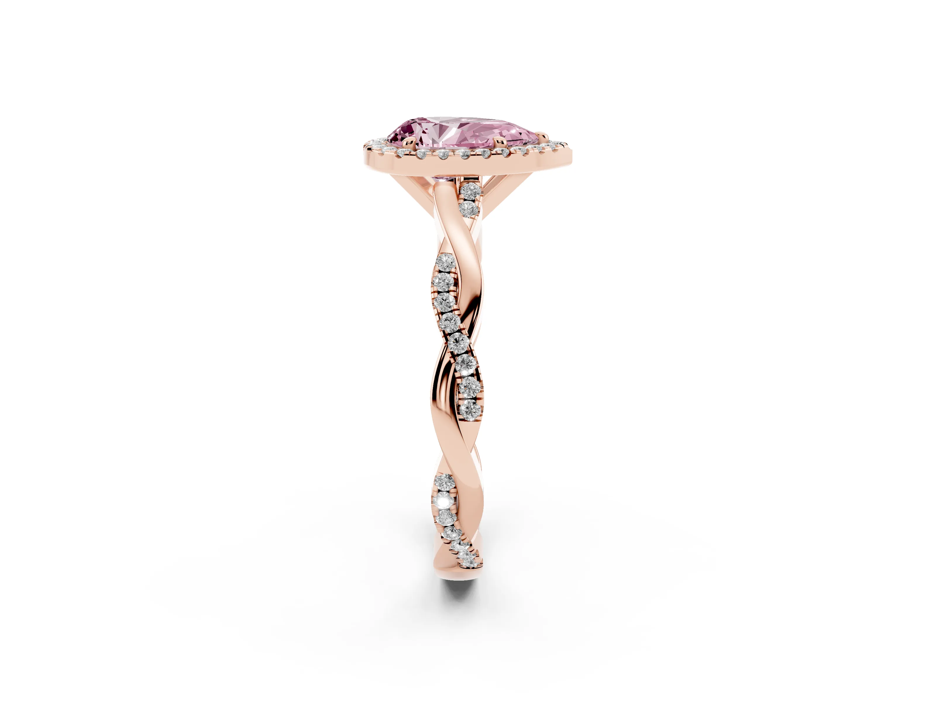Fancy Pink Pear Cut Diamond Halo Twisted Band Ring Set in Rose gold with Prong Setting
