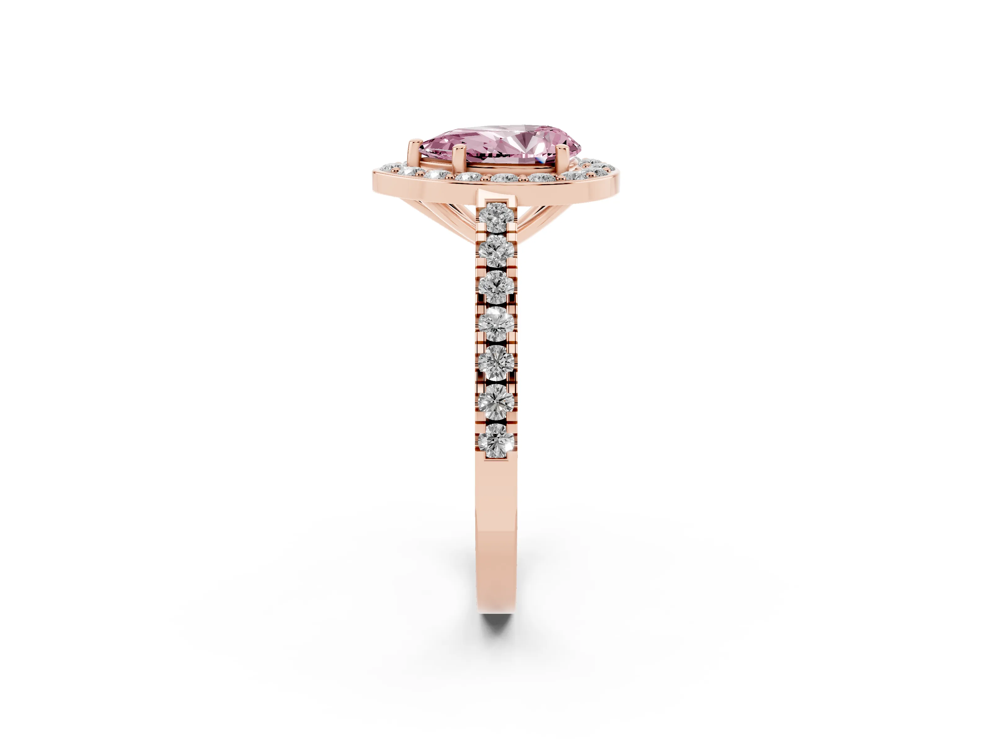 Fancy Pink Pear Cut Diamond Halo Ring Set in Rose gold with Round Pavé Split Shank and Prong Setting