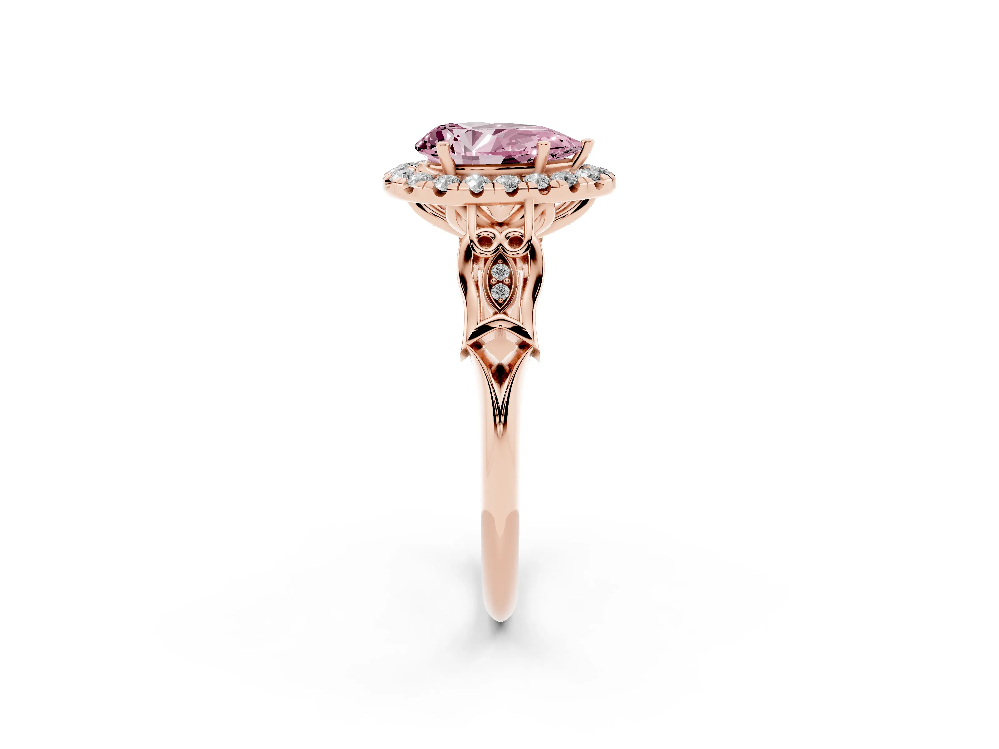 Fancy Pink Pear Cut Diamond Halo Engagement Ring Set in Rose gold with Filigree Band and Prong-Set Center