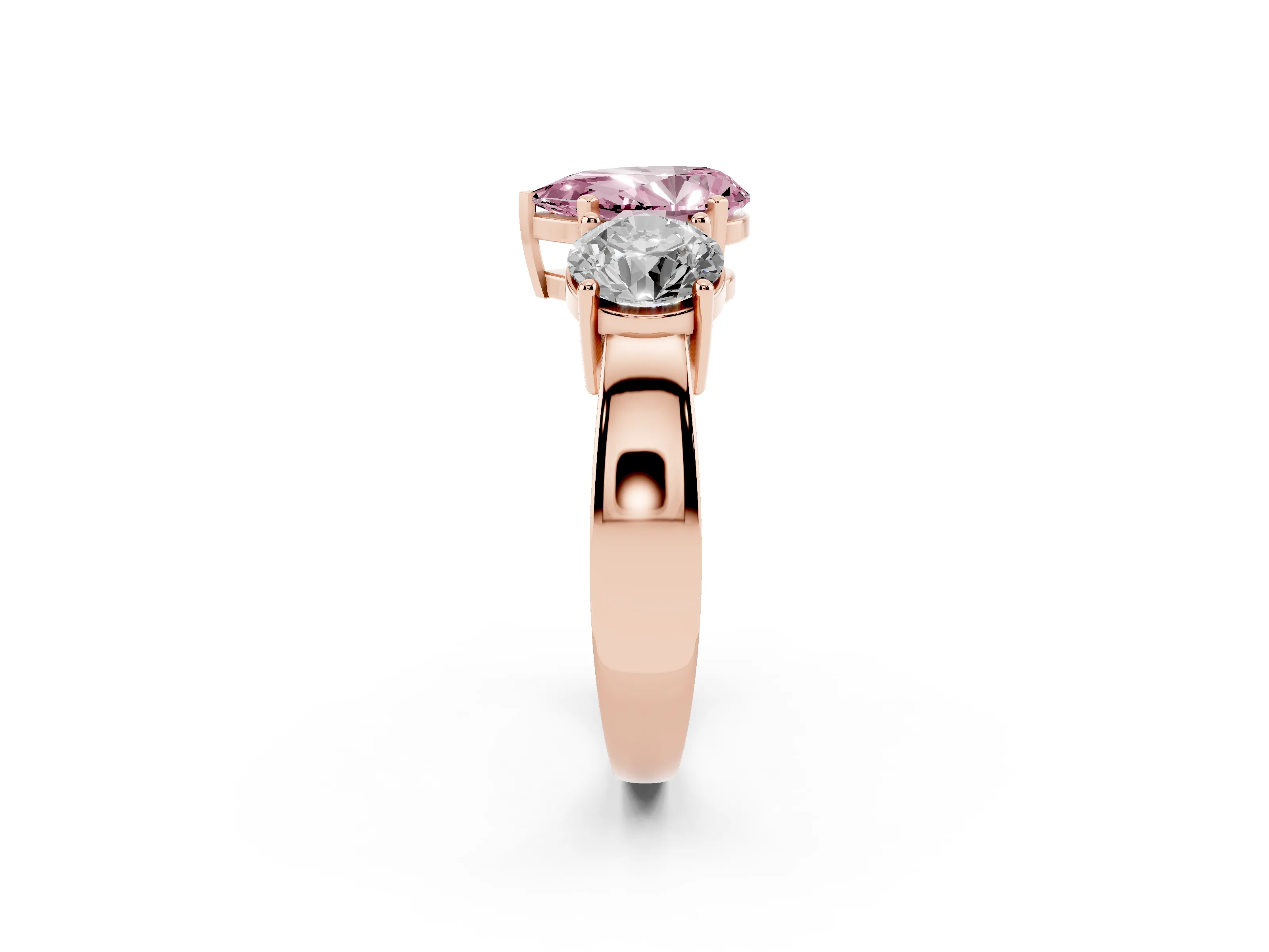 Fancy Pink Pear Cut Diamond Three-Stone Ring Set in Rose gold with Round Side Stones and Classic Band
