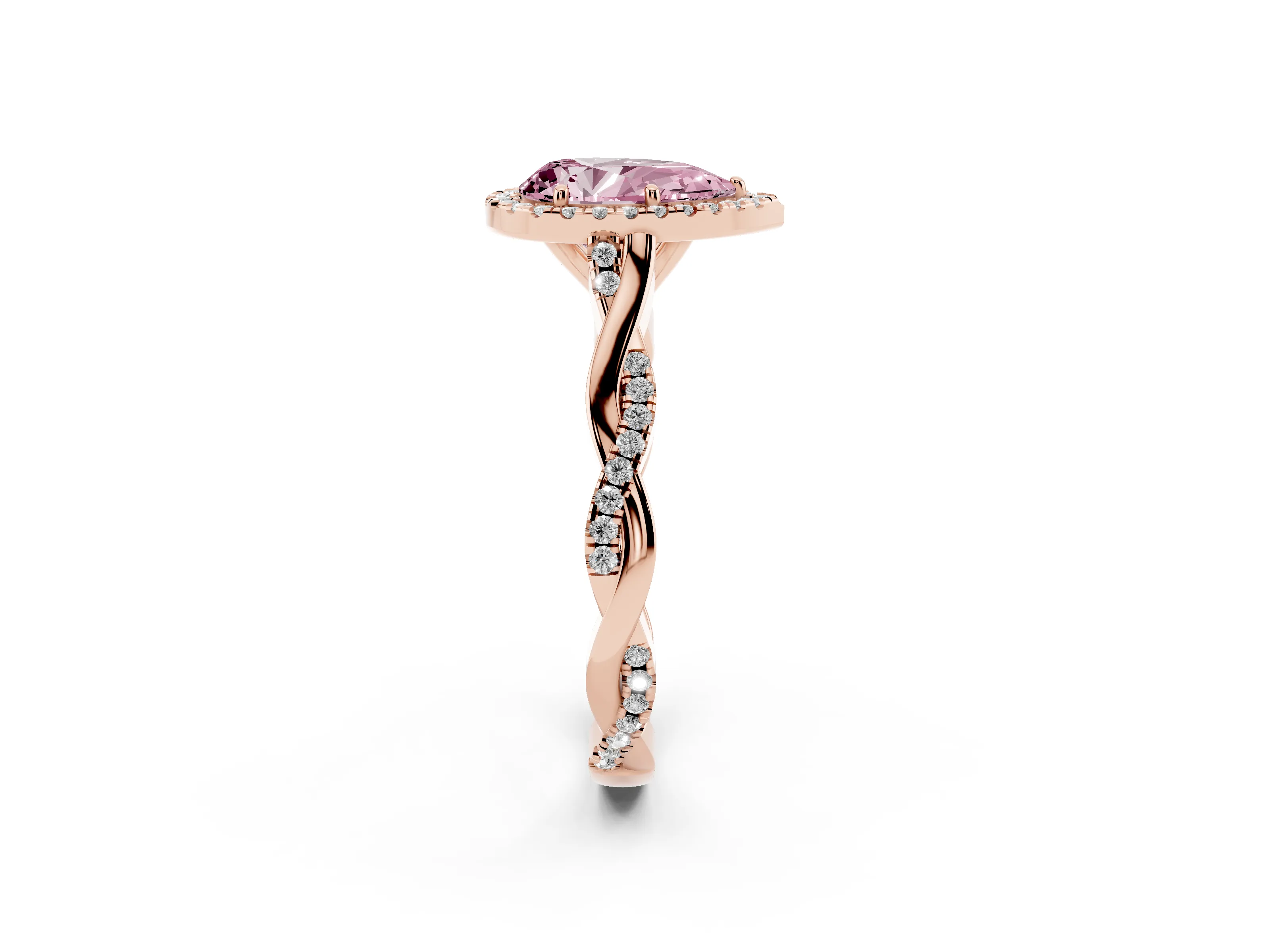 Fancy Pink Pear Cut Diamond Halo Twist Band Solitaire Ring Set in Rose gold with Prong Setting