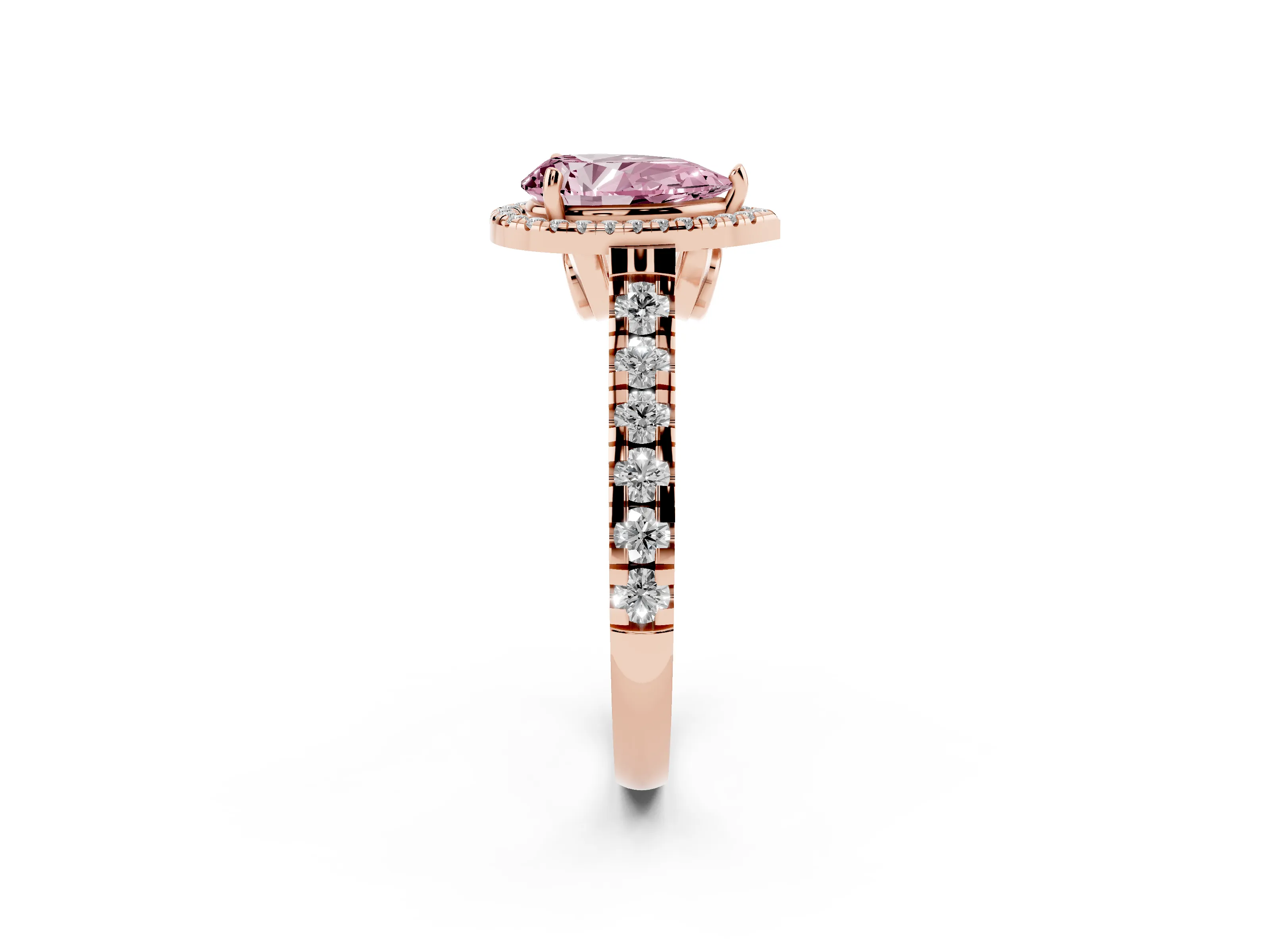 Fancy Pink Pear Cut Diamond Halo Engagement Ring Set in Rose gold with Pavé Band and Prong-Set Center