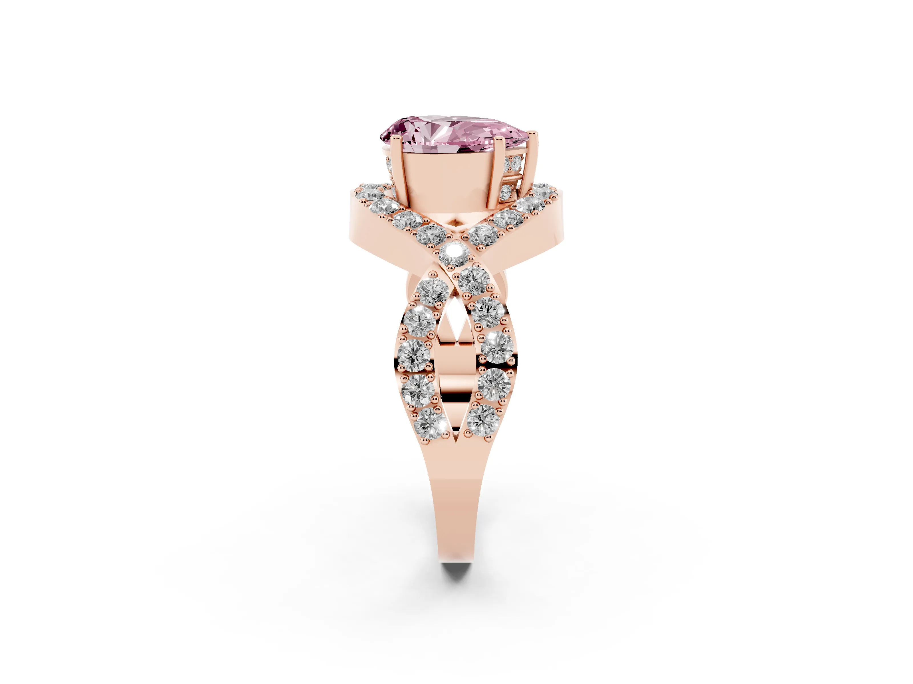 Fancy Pink Pear Cut Diamond Solitaire Twist Band Pavé Engagement Ring Set in Rose gold
