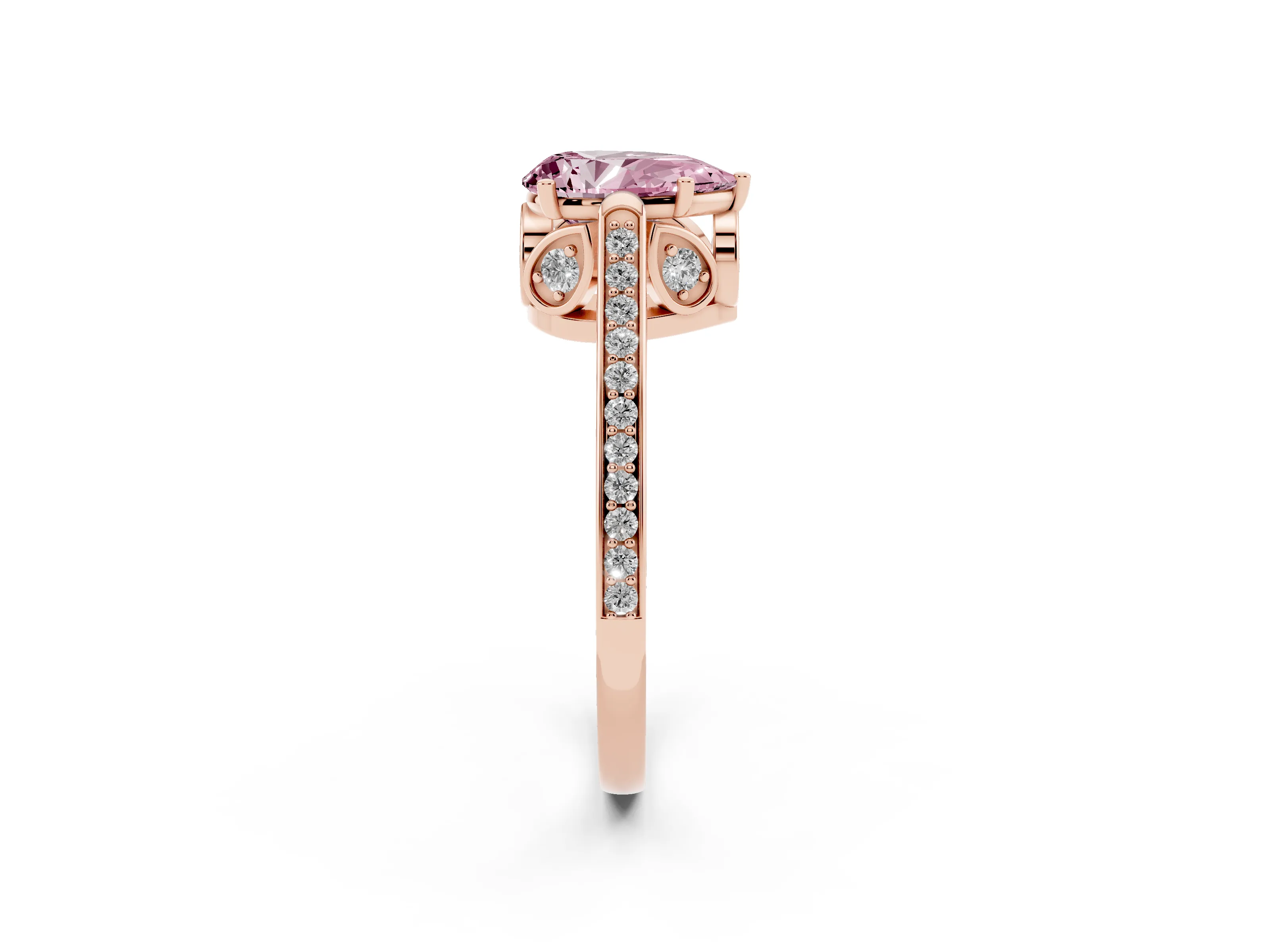 Fancy Pink Pear Cut Diamond Cathedral Pavé Engagement Ring Set in Rose gold with Prong Setting