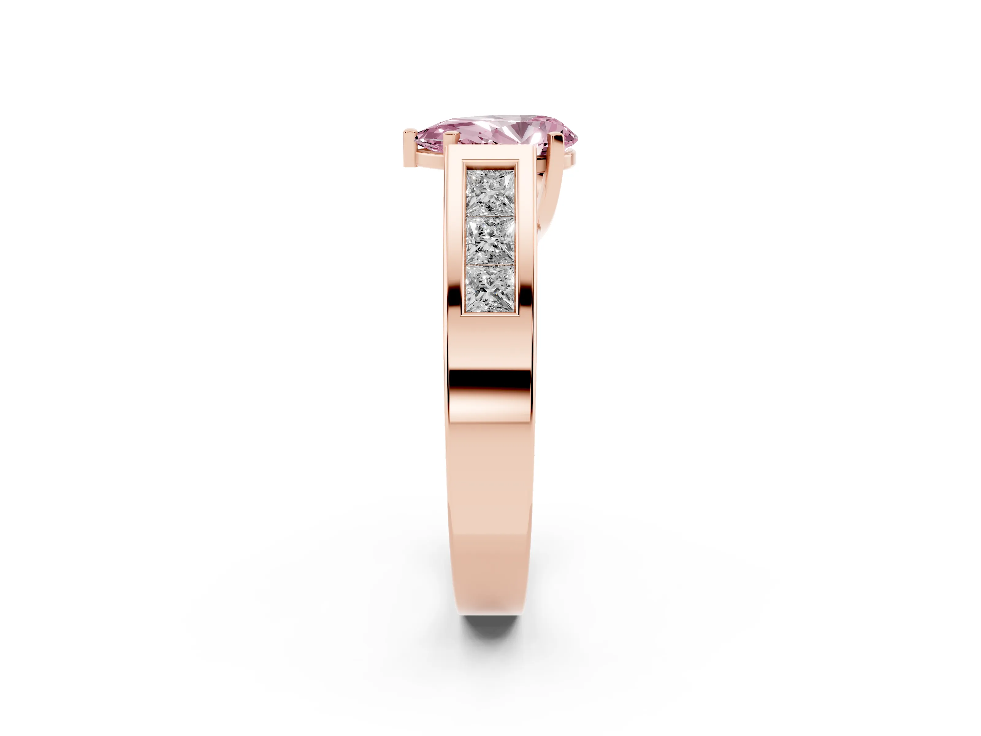 Fancy Pink Pear Cut Diamond Solitaire Ring Set in Rose gold with Channel-Set Accent Stones and Prong Setting