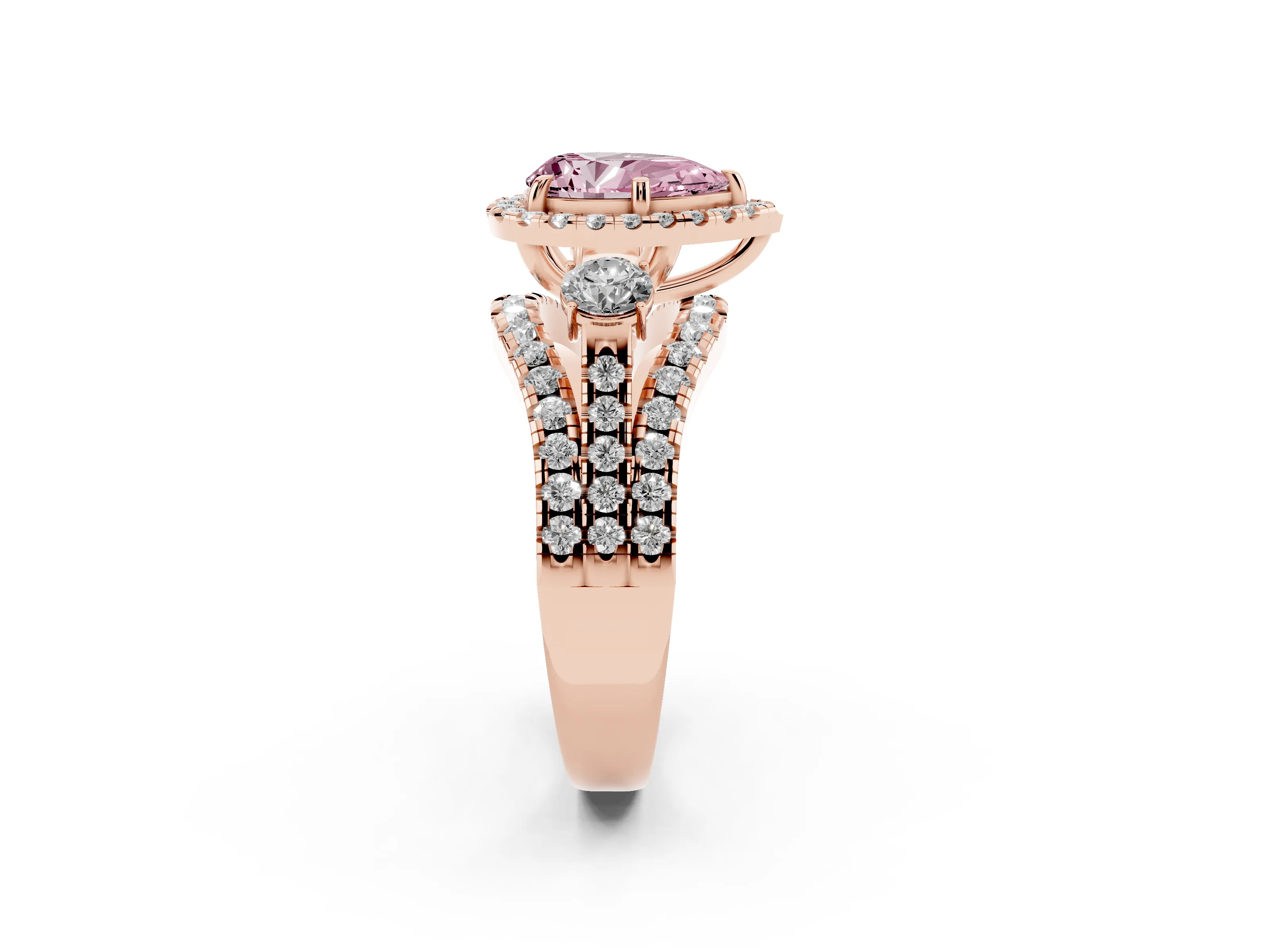 Fancy Pink Pear Cut Diamond Halo Split Shank Ring Set in Rose gold with Round Accent Stones and Prong Setting