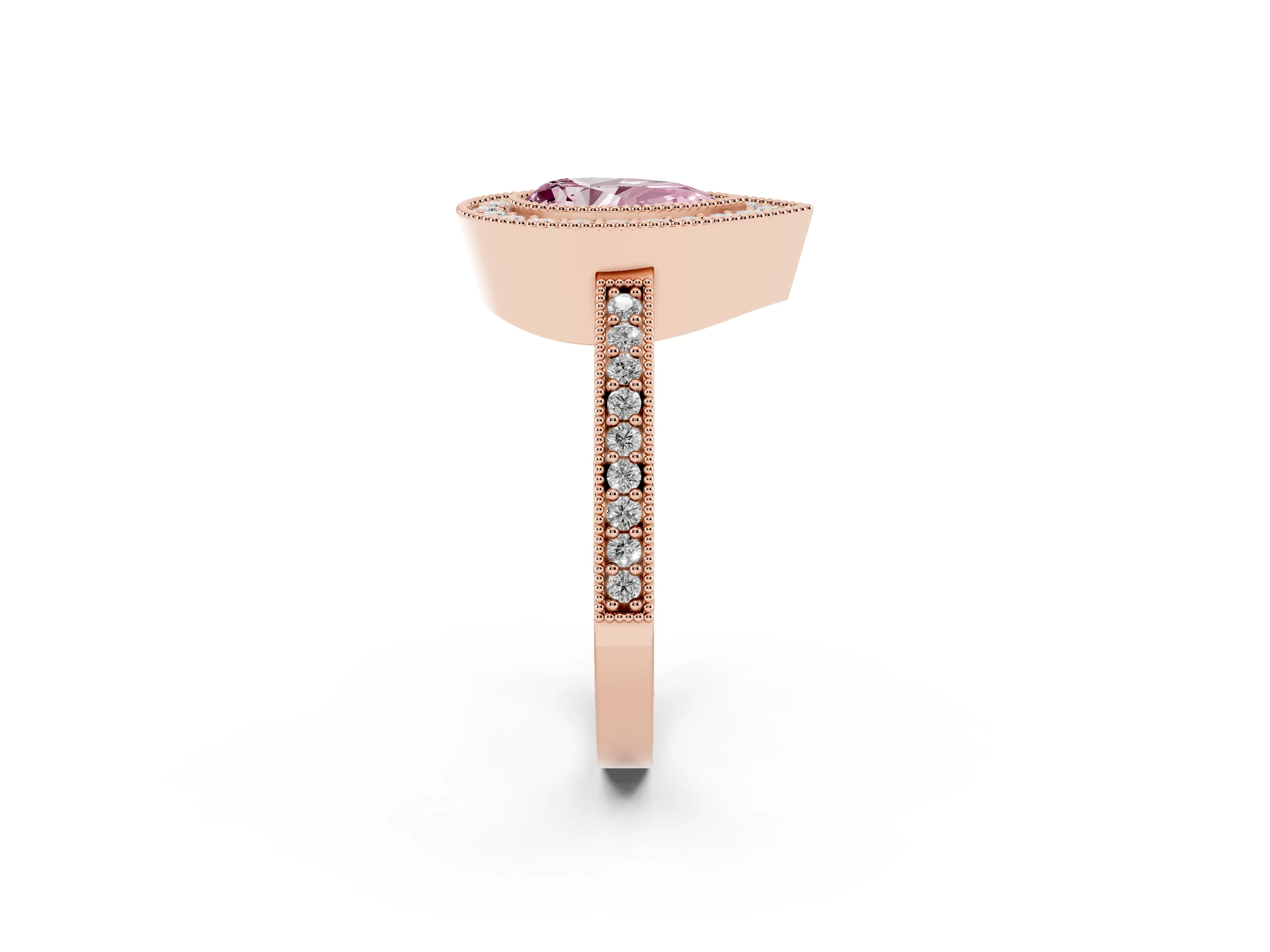Fancy Pink Pear Cut Diamond Halo Engagement Ring Set in Rose gold with Pavé Band and Round Halo Stones