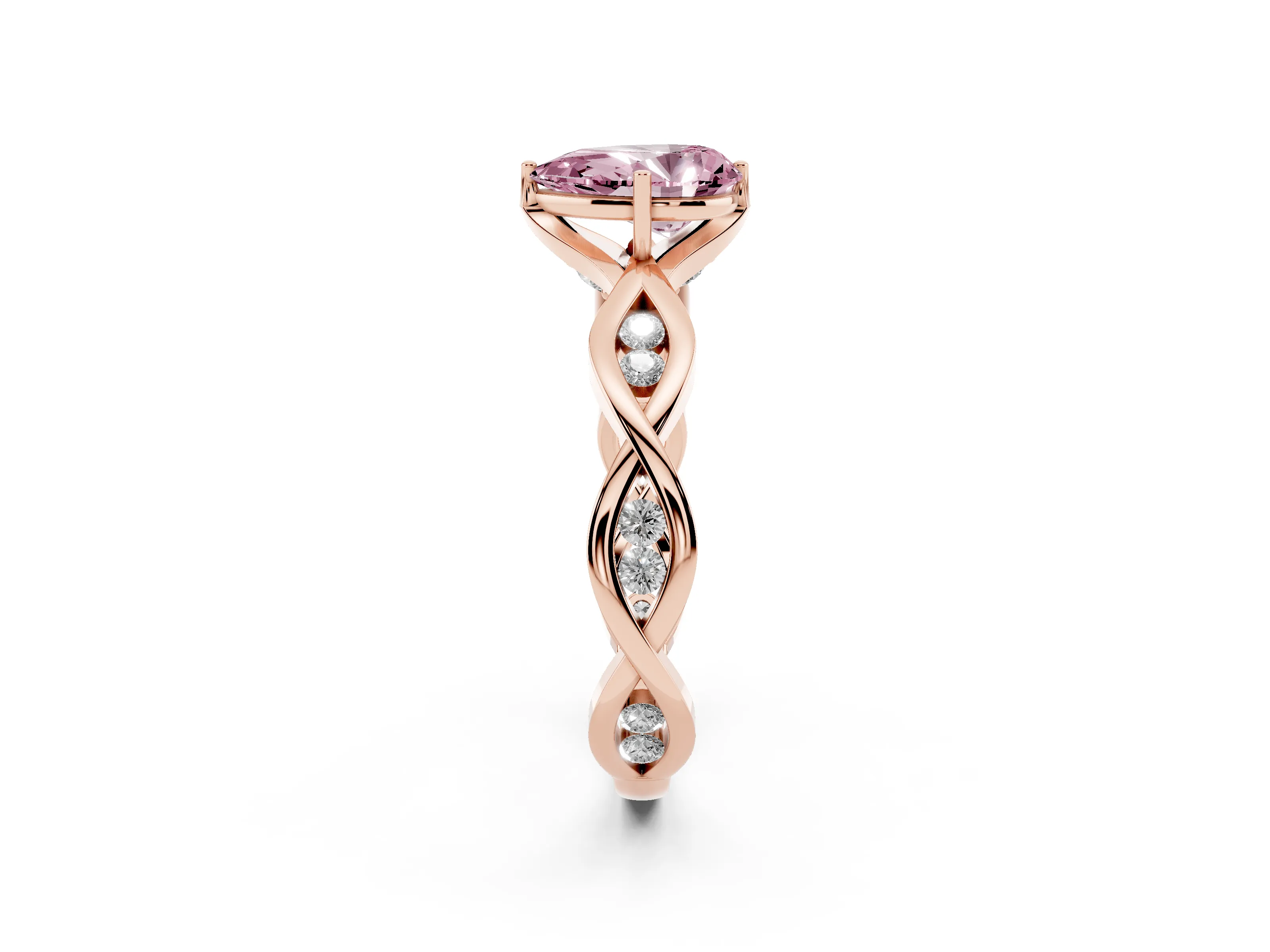 Fancy Pink Pear Cut Diamond Twist Band Solitaire Ring Set in Rose gold with Leaf Prong Setting and Accent Stones
