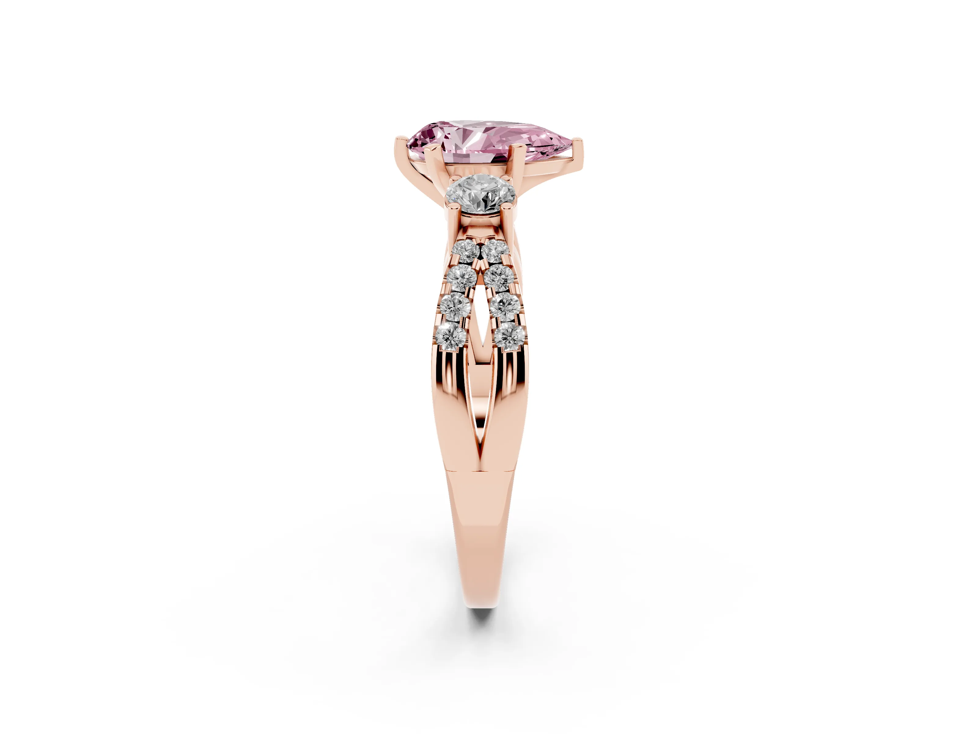 Fancy Pink Pear Cut Diamond Three-Stone Ring Set in Rose gold with Pavé Split Shank and Prong Setting