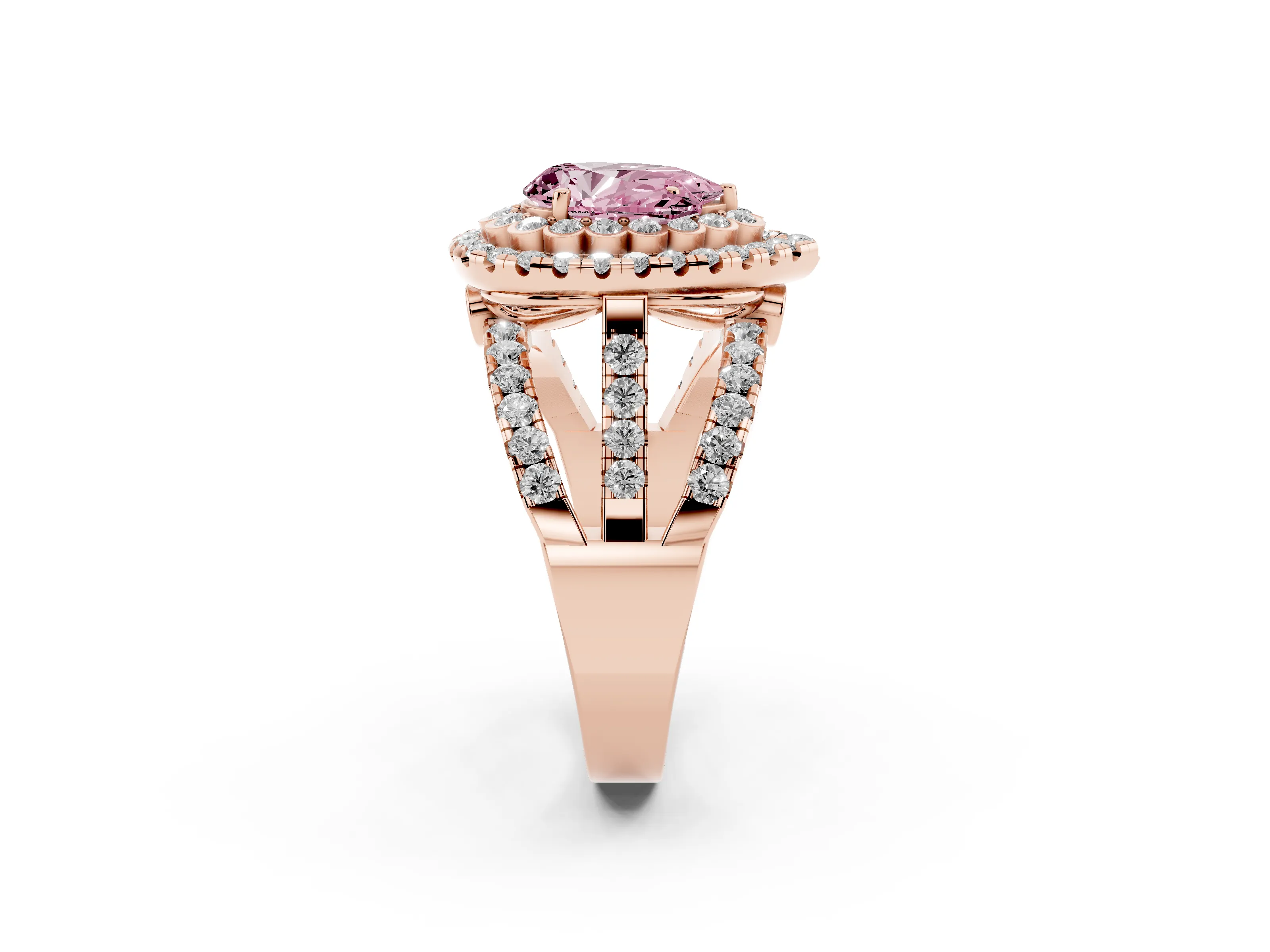 Fancy Pink Pear Cut Diamond Double Halo Ring Set in Rose gold with Round Pavé Split Shank