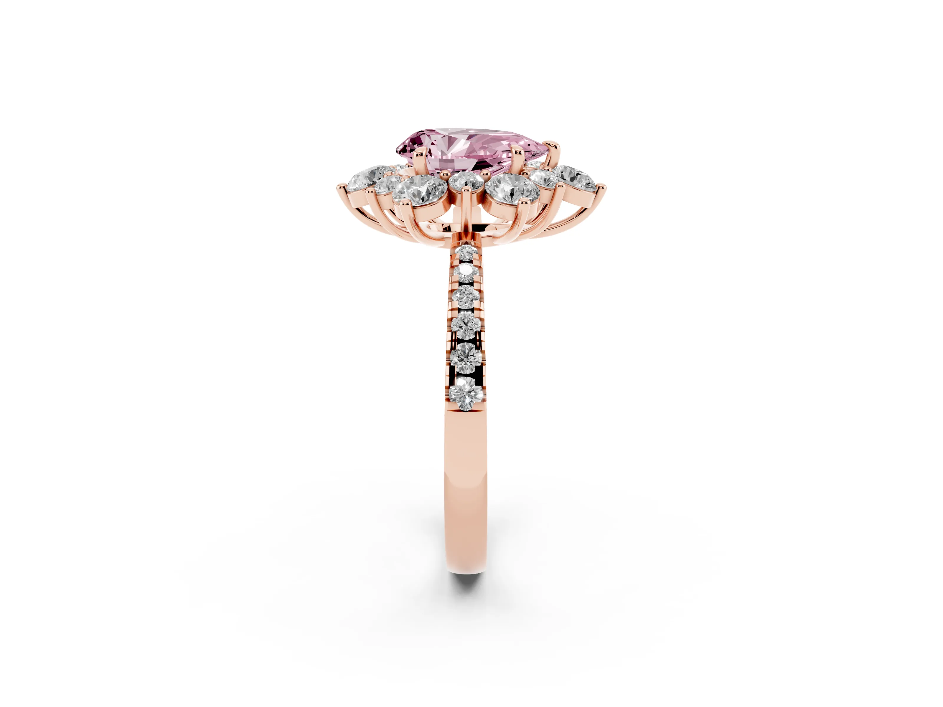 Fancy Pink Pear Cut Diamond Floral Halo Ring Set in Rose gold with Round Pavé Band and Prong Setting