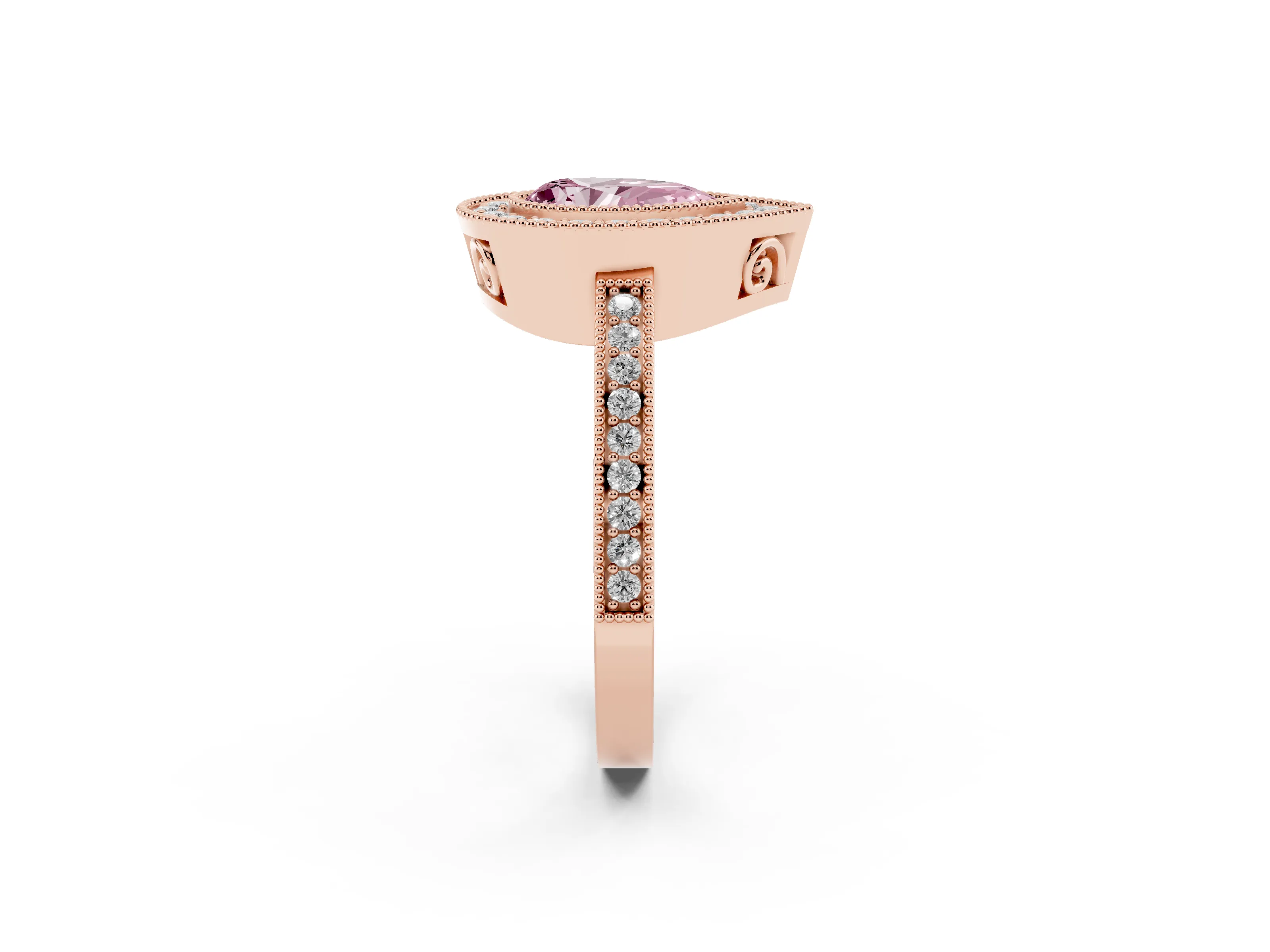 Fancy Pink Pear Cut Diamond Round Halo Ring Set in Rose gold with Pavé Band