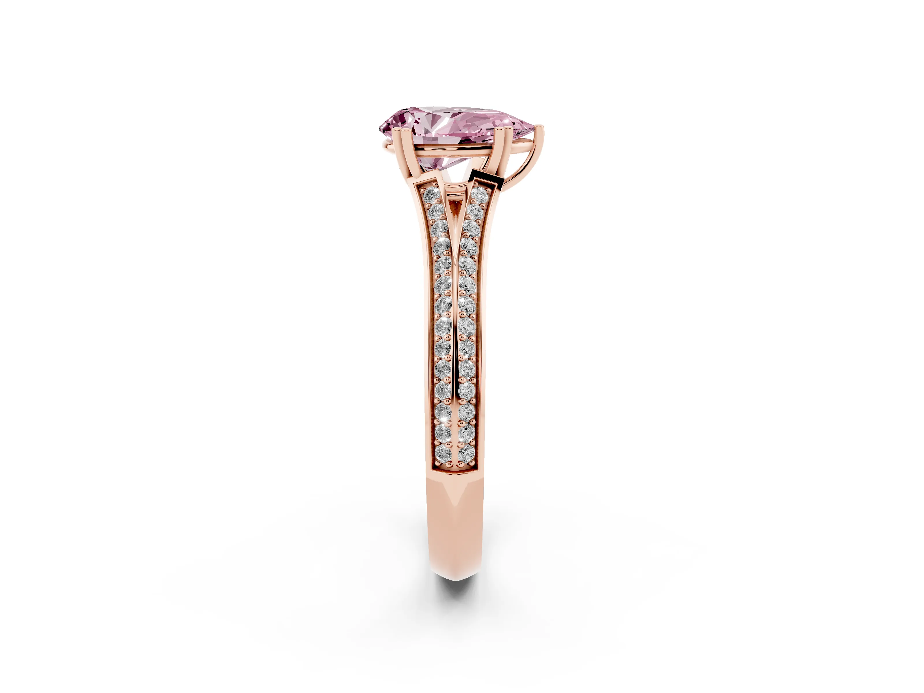 Fancy Pink Pear Cut Diamond Split Shank Pavé Engagement Ring Set in Rose gold with Prong-Set Center Stone