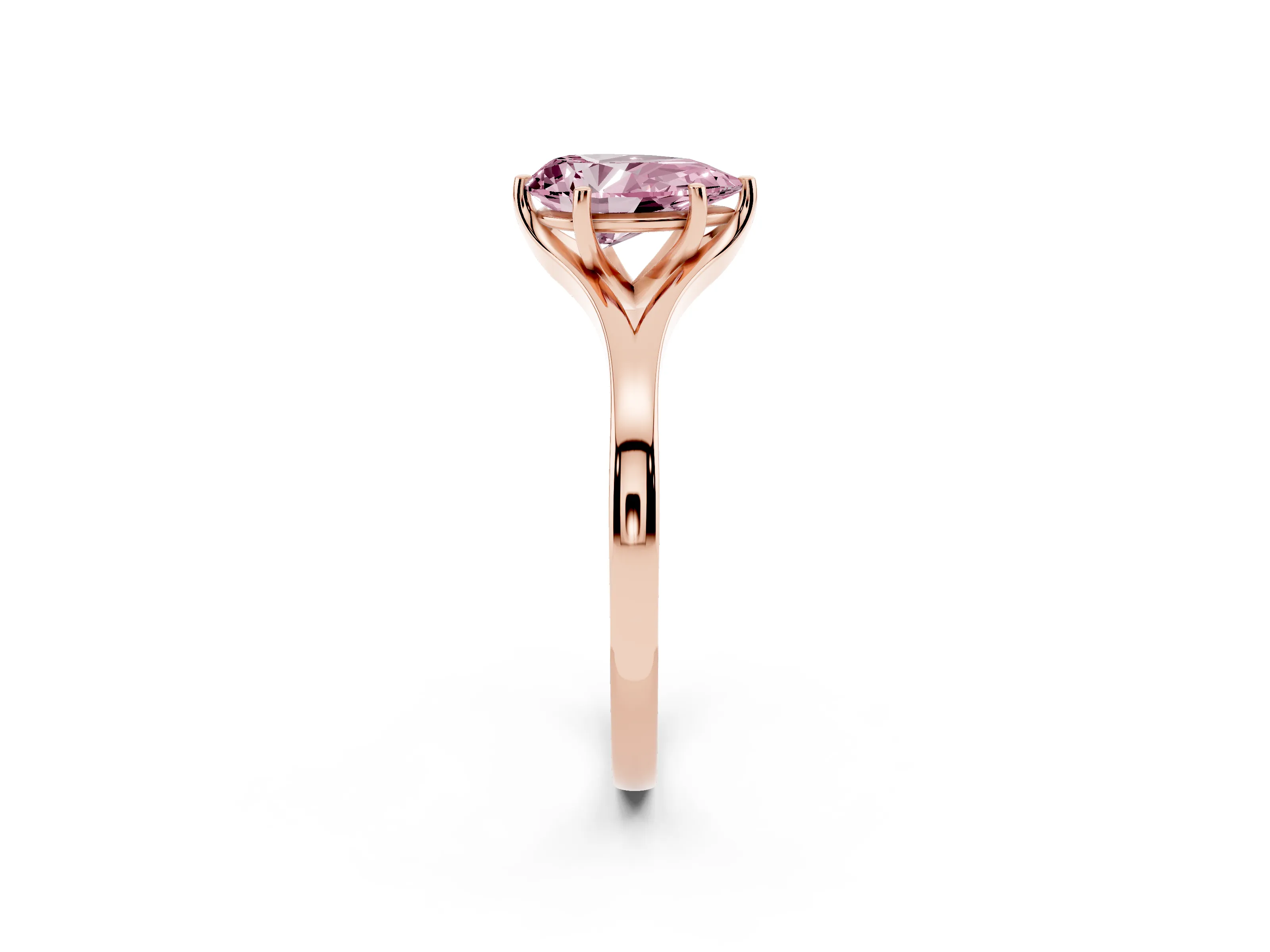 Fancy Pink Pear Cut Diamond Solitaire Ring Set in Rose gold with Polished Tapered Band and Prong Setting