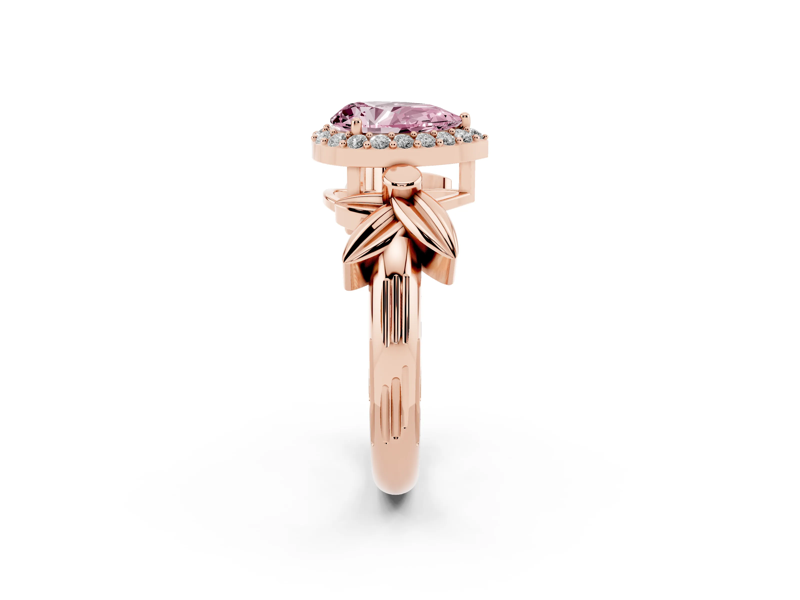 Fancy Pink Pear Cut Diamond Halo Floral Band Ring Set in Rose gold with Prong Setting