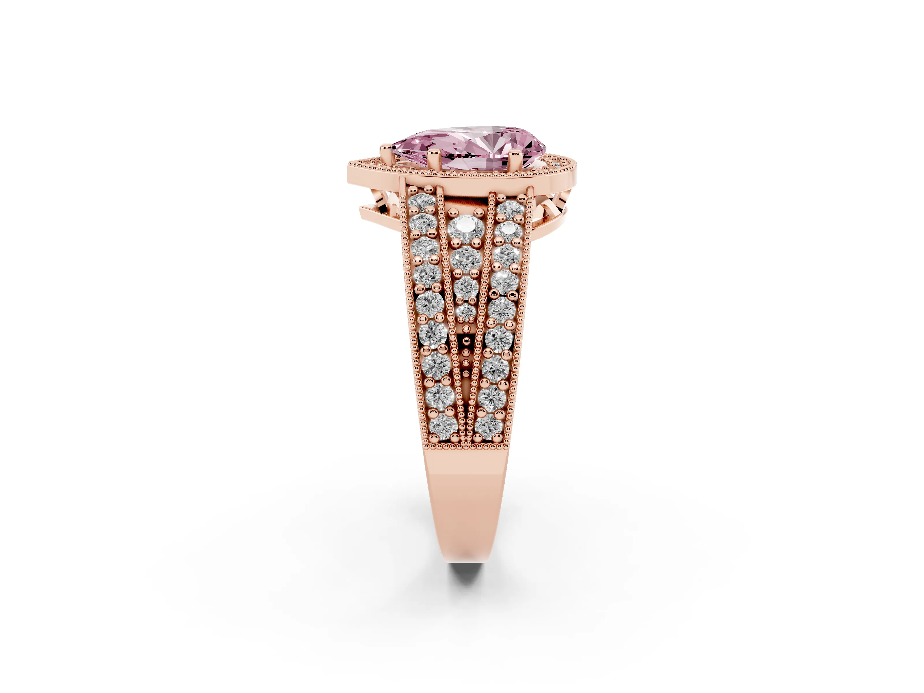 Fancy Pink Pear Cut Diamond Halo Ring Set in Rose gold with Accent Split Shank and Prong Setting