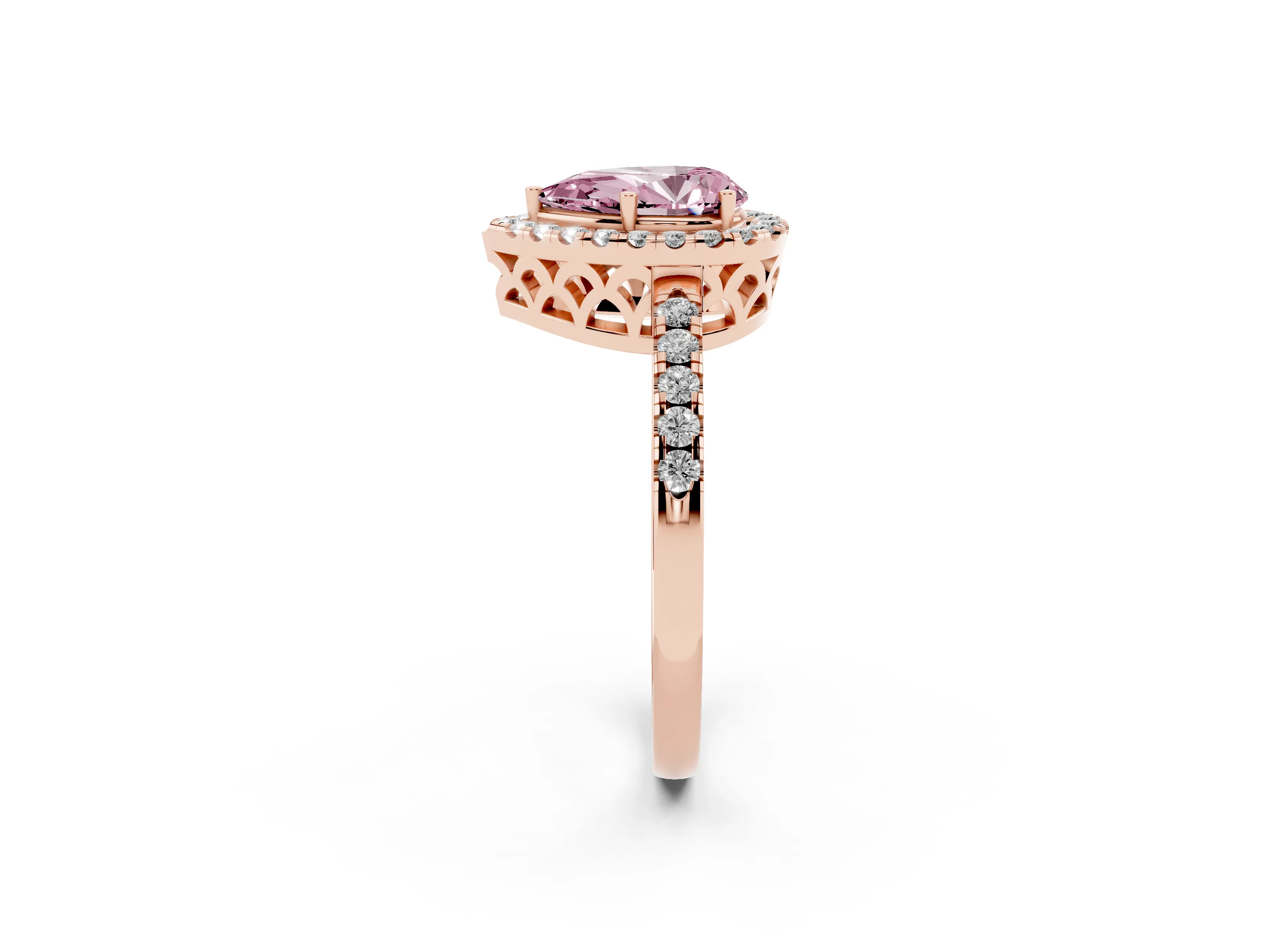 Fancy Pink Pear Cut Diamond Pavé Band Halo Engagement Ring Set in Rose gold with Prong Setting