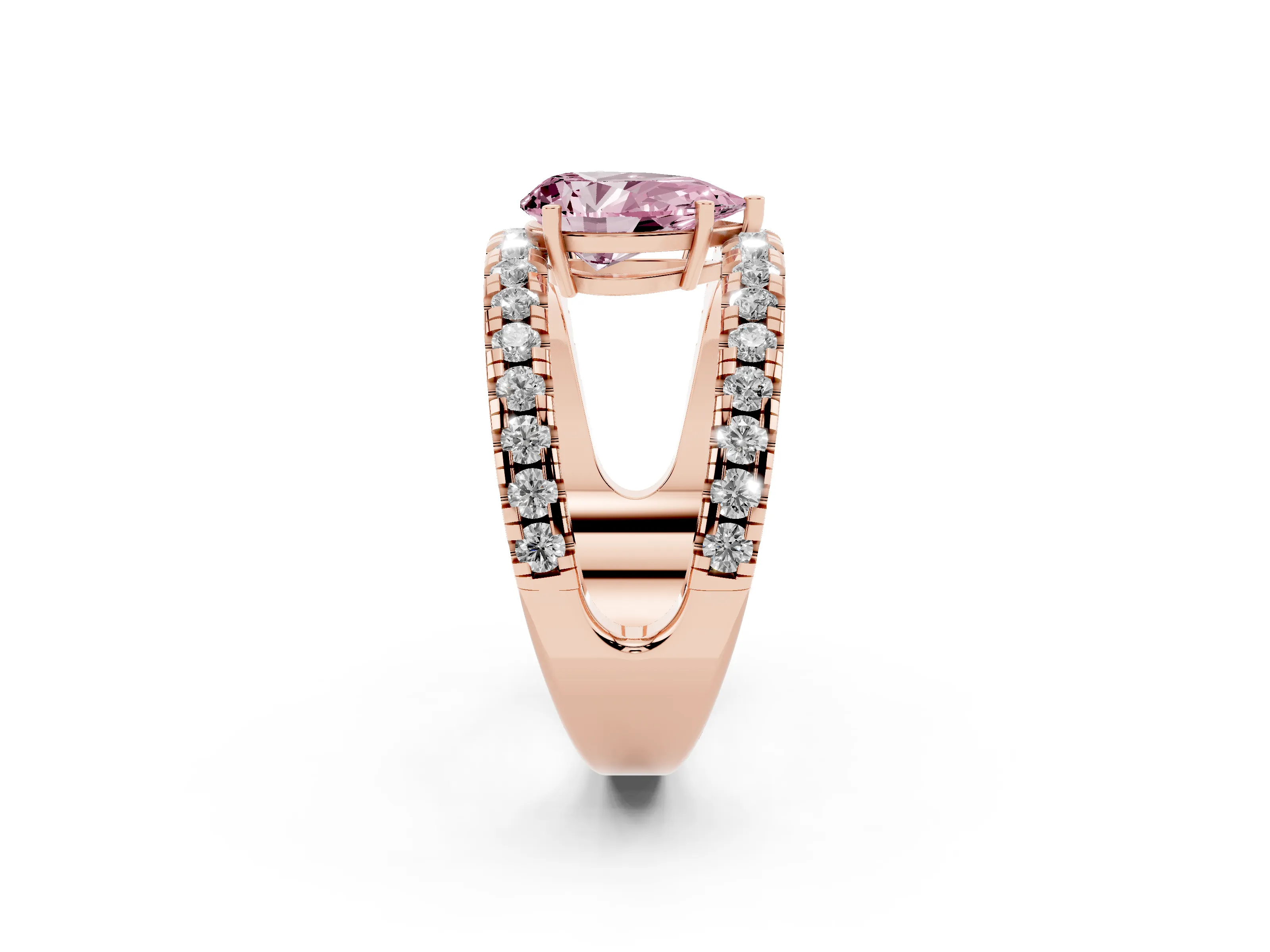 Fancy Pink Pear Cut Diamond Split Shank Pavé Solitaire Ring Set in Rose gold with Open Shank Design