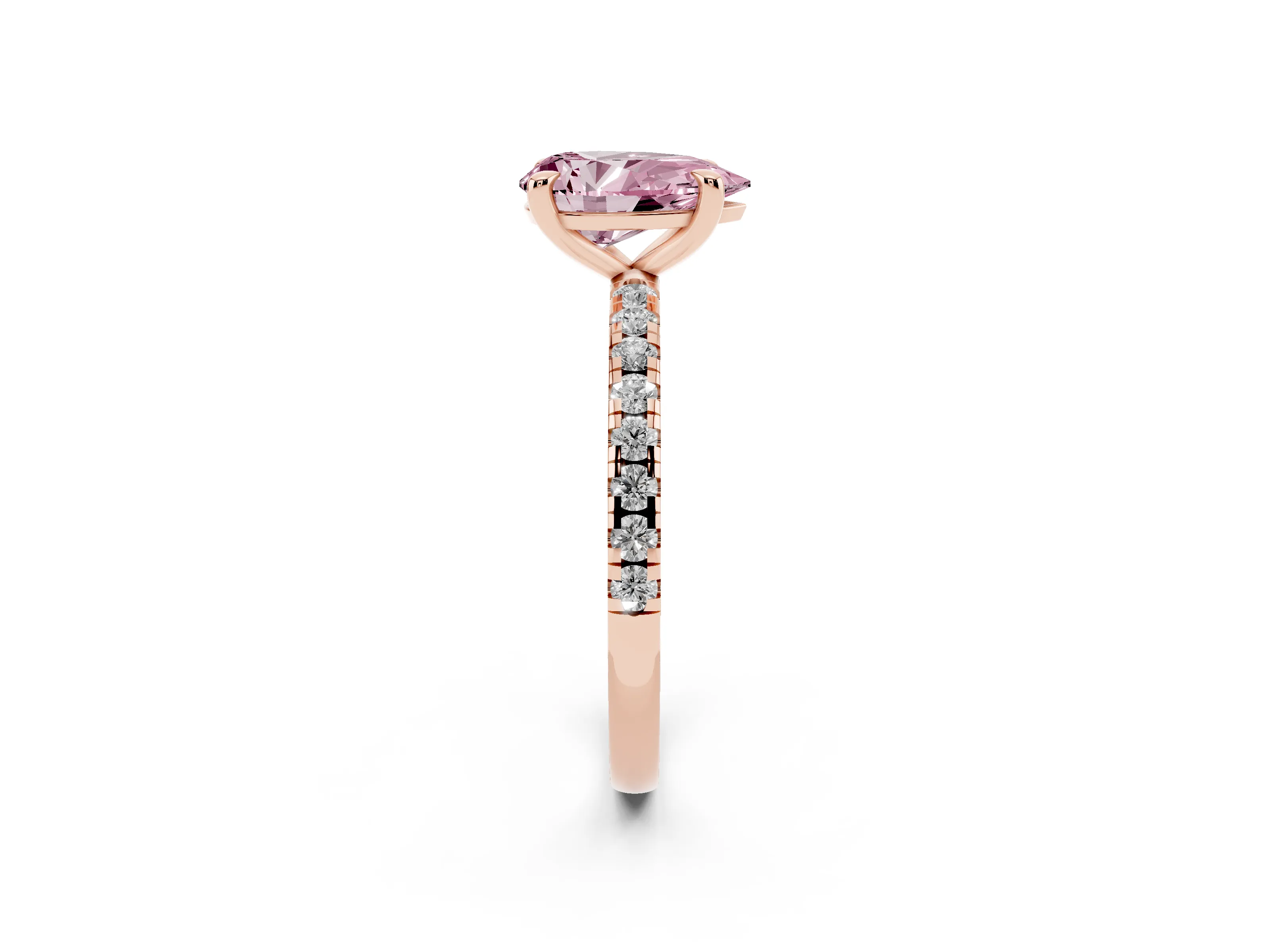 Fancy Pink Pear Cut Diamond Brilliant Solitaire Ring Set in Rose gold with Pavé Band and Prong Setting