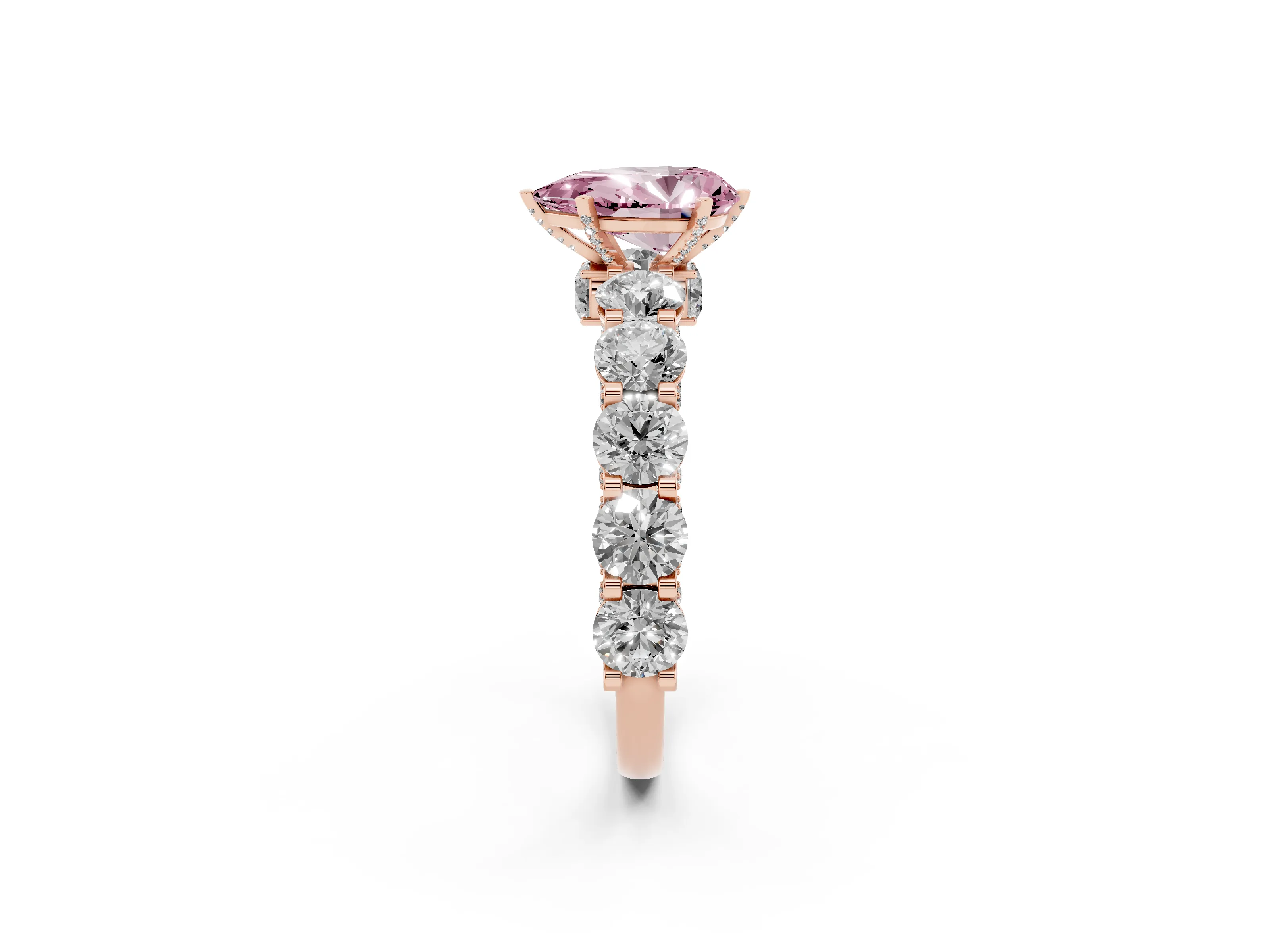 Fancy Pink Pear Cut Diamond Side Stone Ring Set in Rose gold with Alternating Round and Oval Side Stones