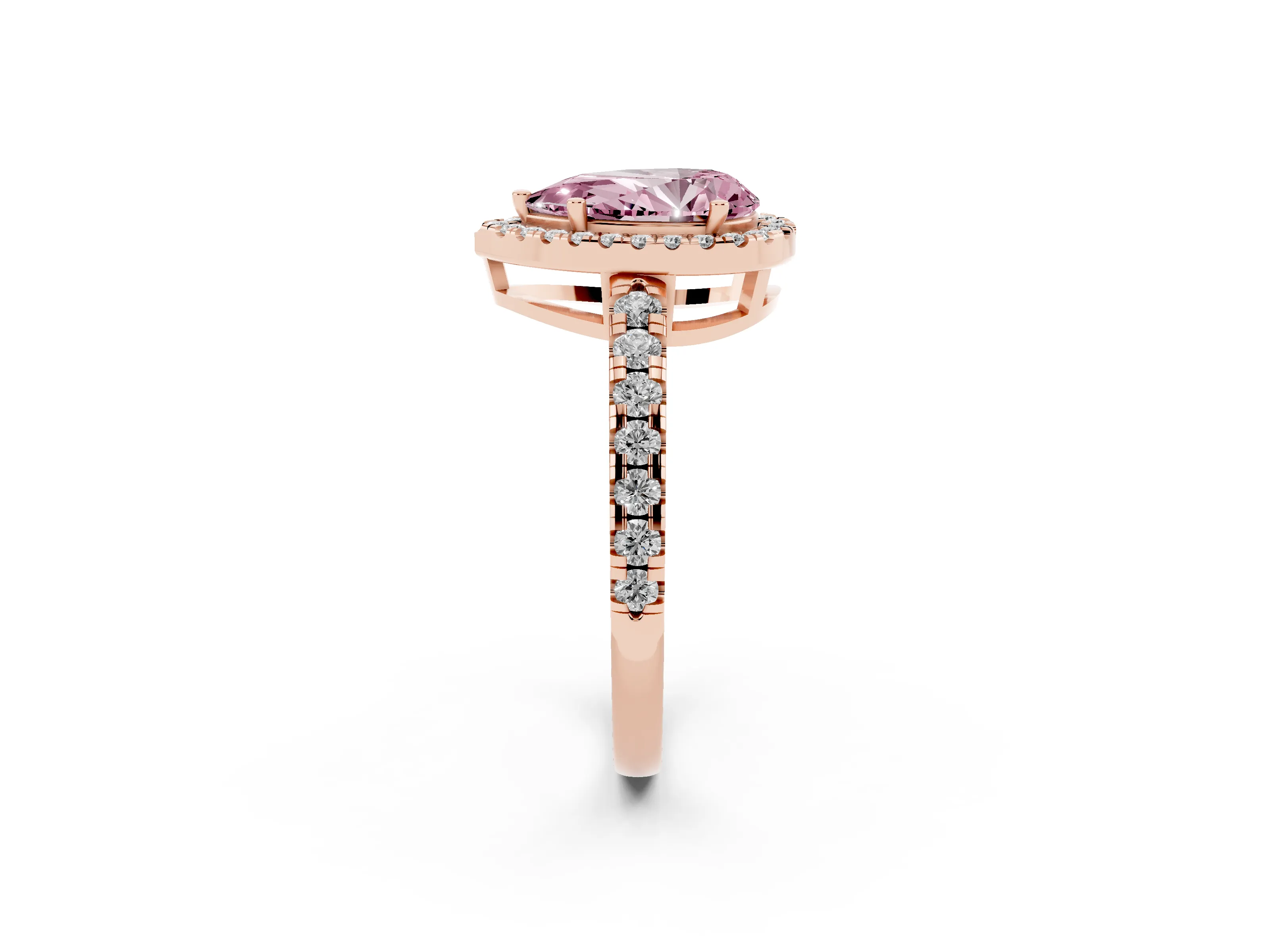 Fancy Pink Pear Cut Diamond Halo Ring Set in Rose gold with Delicate Pavé Band and Prong Setting