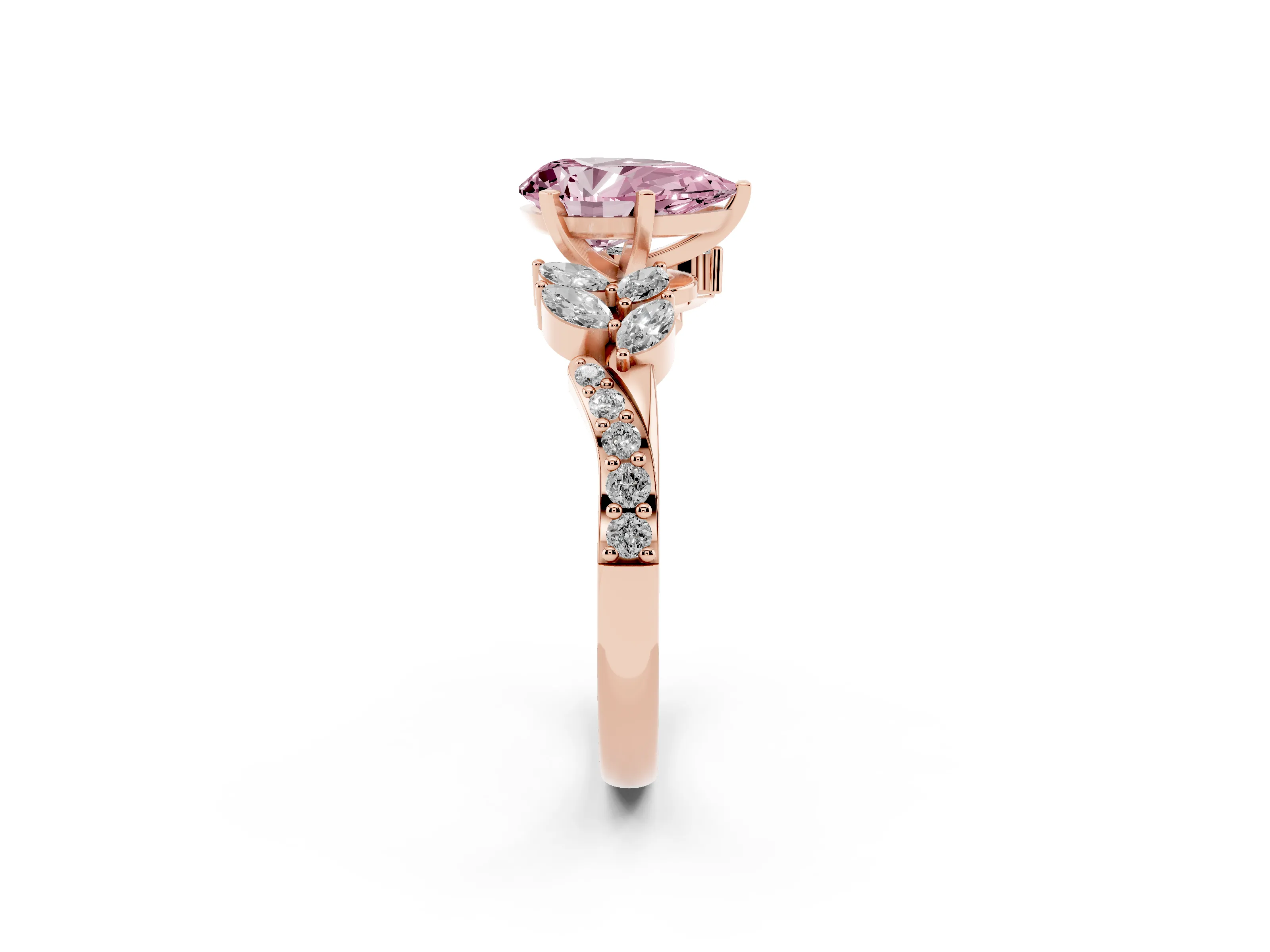 Fancy Pink Pear Cut Diamond Solitaire Ring Set in Rose gold with Marquise Twist Band and Prong Setting