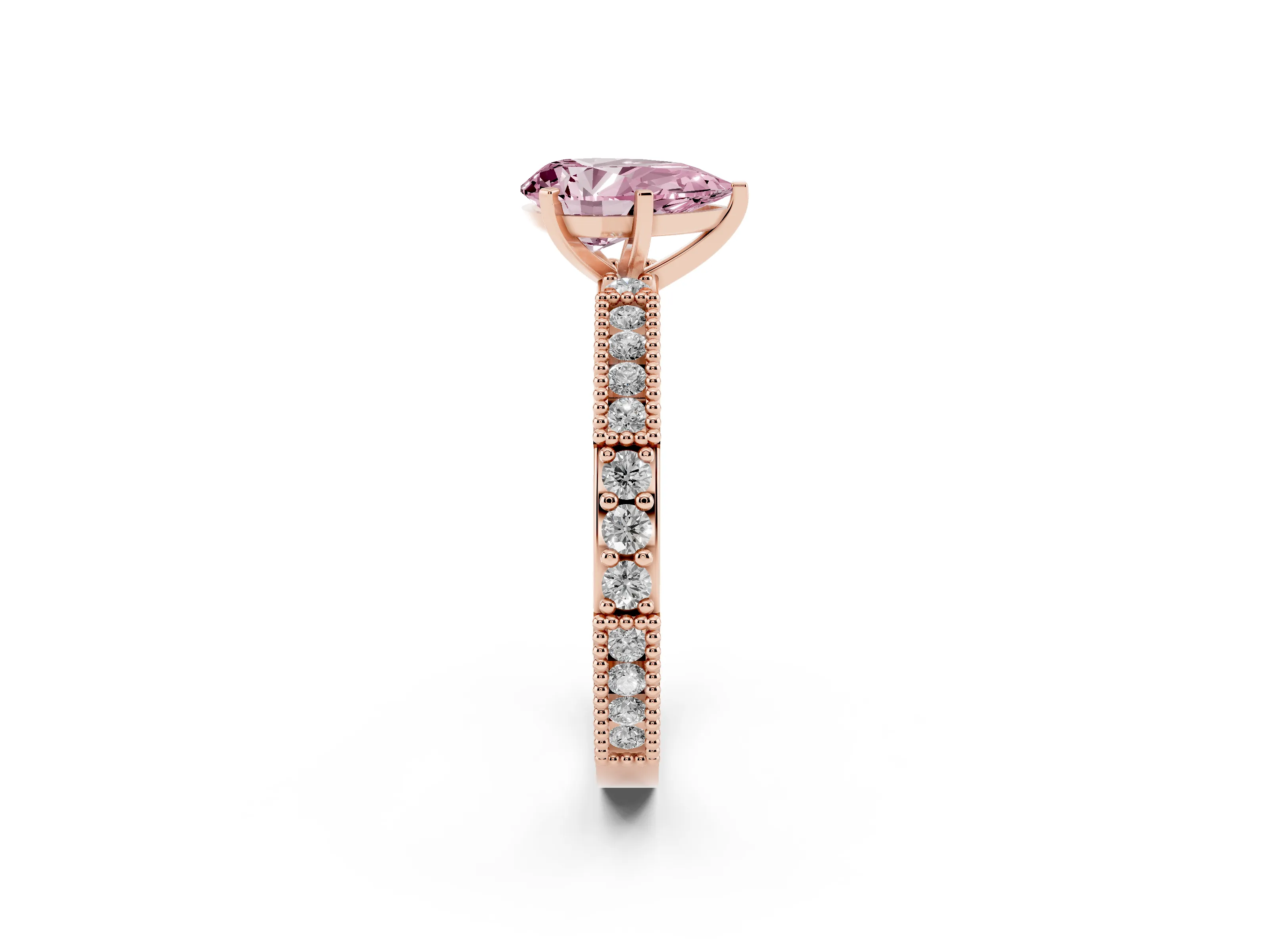 Fancy Pink Pear Cut Diamond Solitaire Ring Set in Rose gold with Slim Pavé Band and Prong Setting
