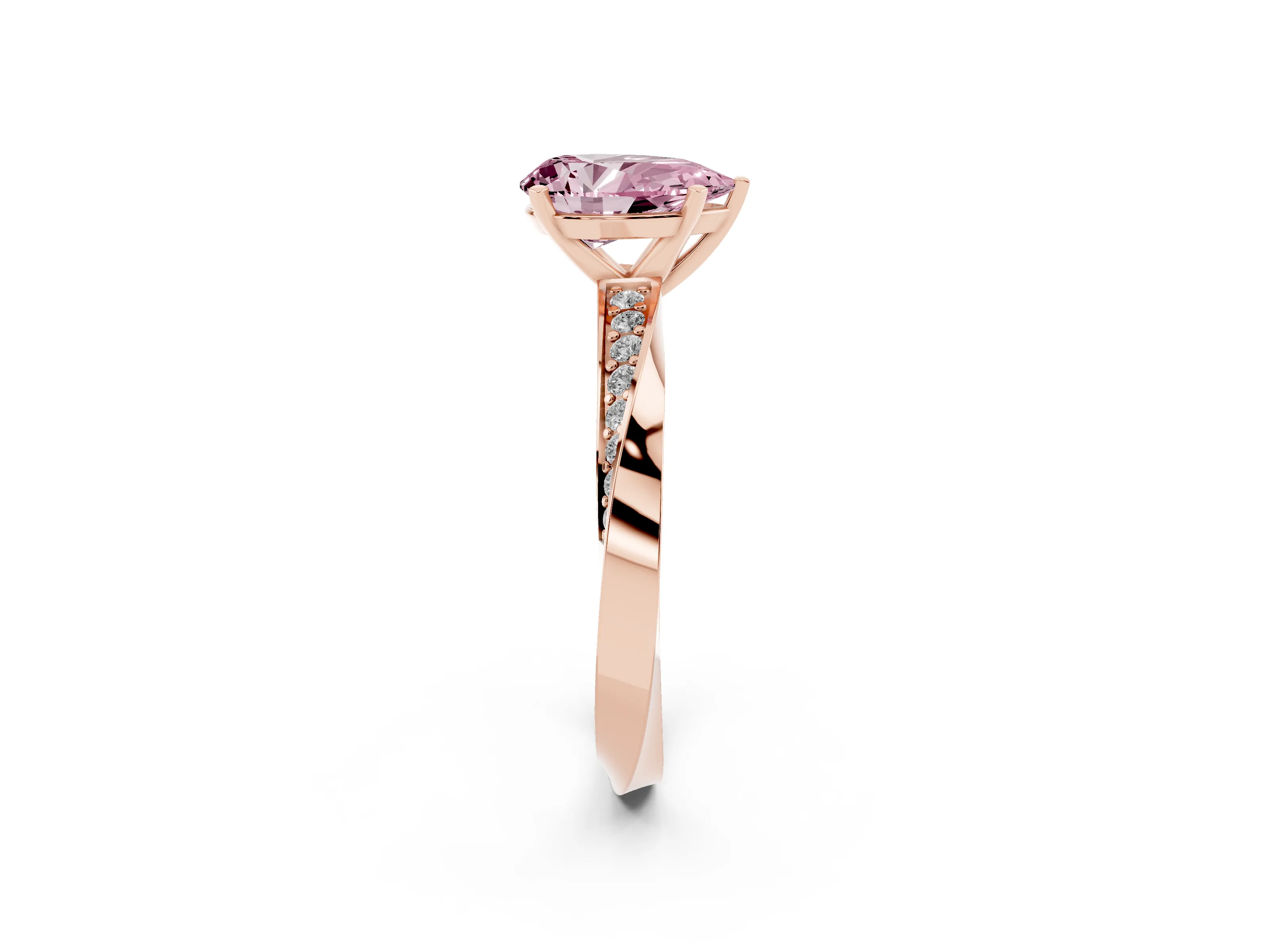 Fancy Pink Pear Cut Diamond Engagement Ring Set in Rose gold with Side Stone Accents and Prong Setting