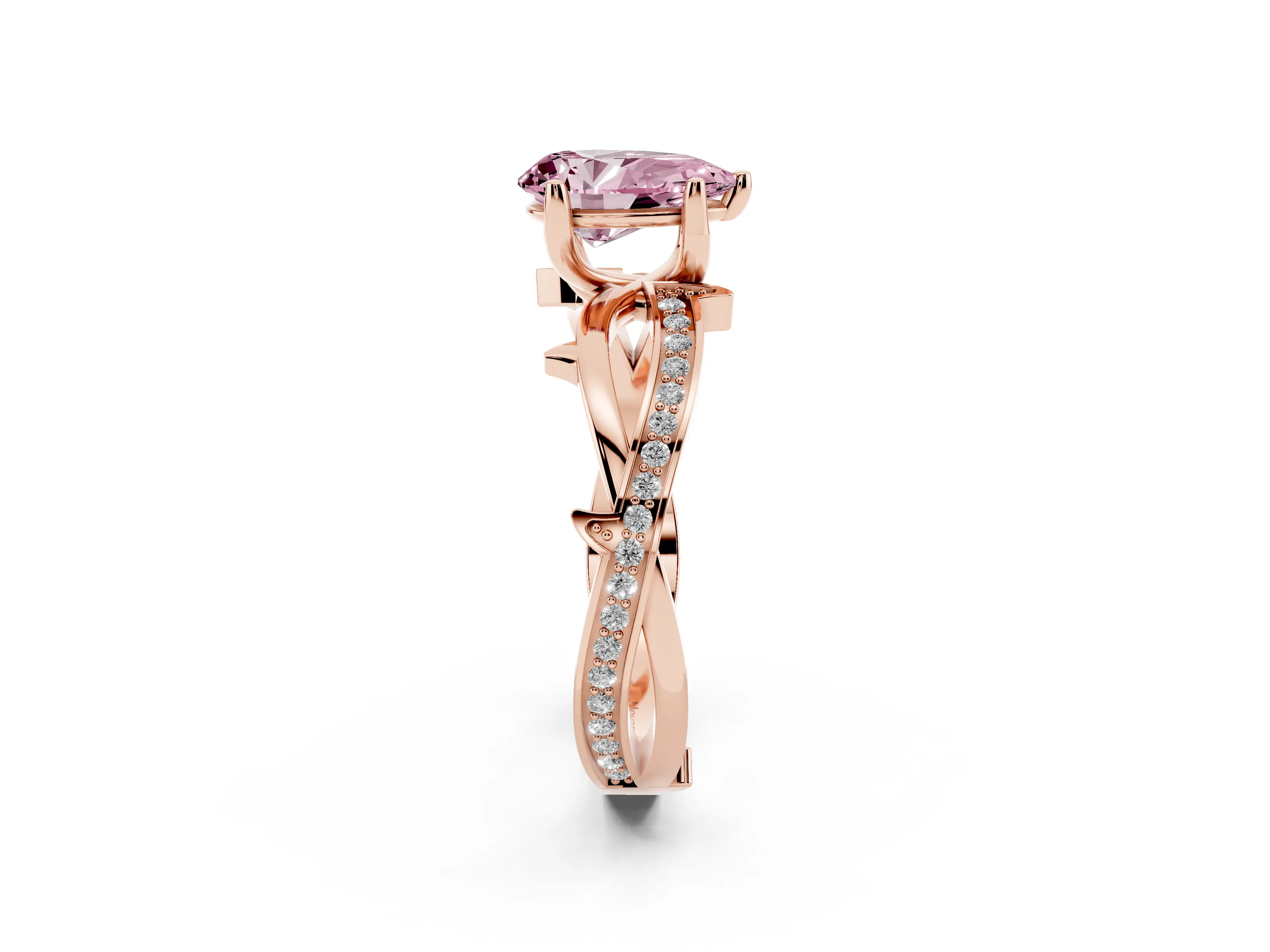Fancy Pink Pear Cut Diamond Pavé Twist Band Solitaire Ring Set in Rose gold with Prong Setting
