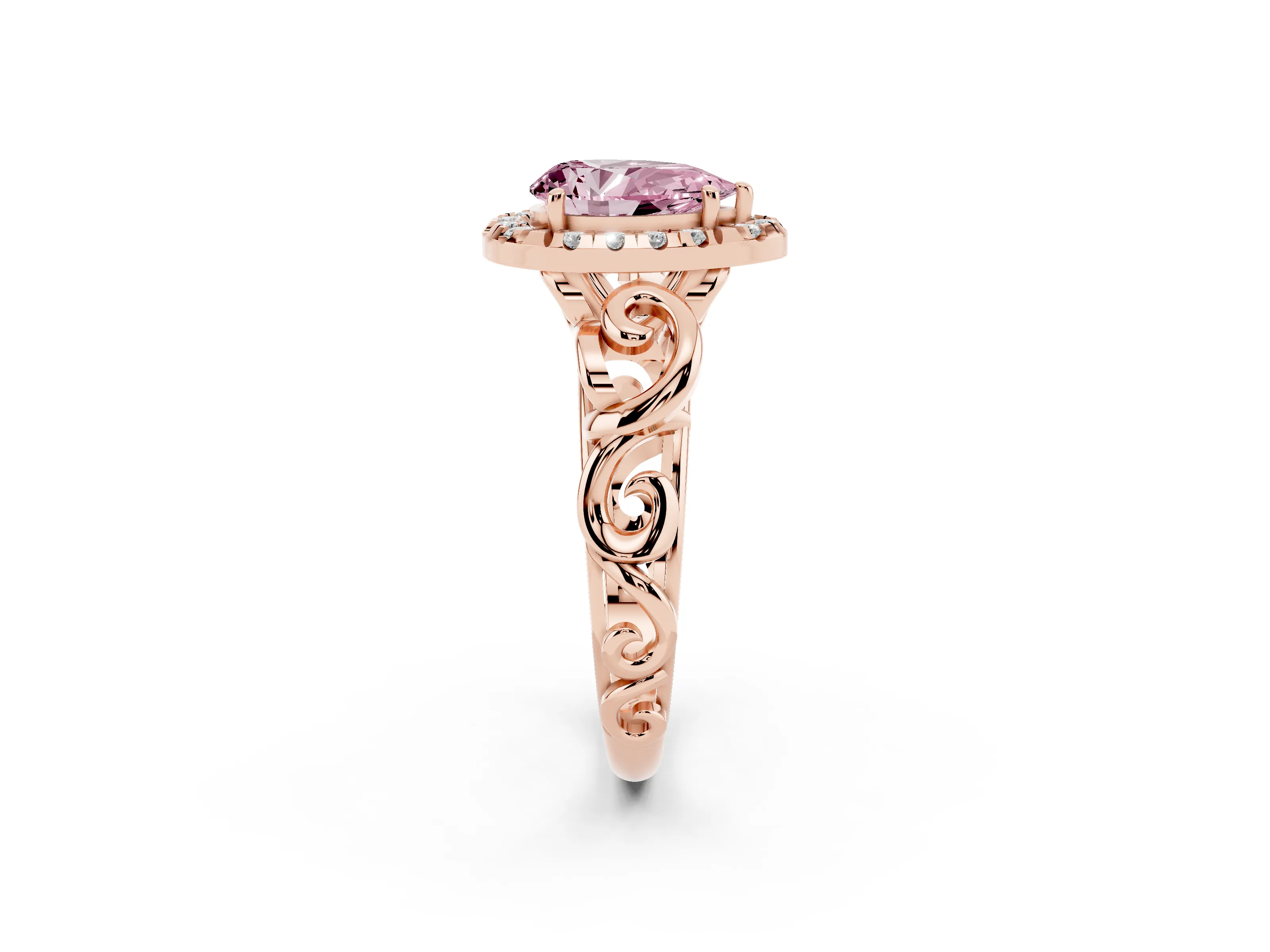 Fancy Pink Pear Cut Diamond Halo Ring Set in Rose gold with Scrollwork Band and Prong Setting